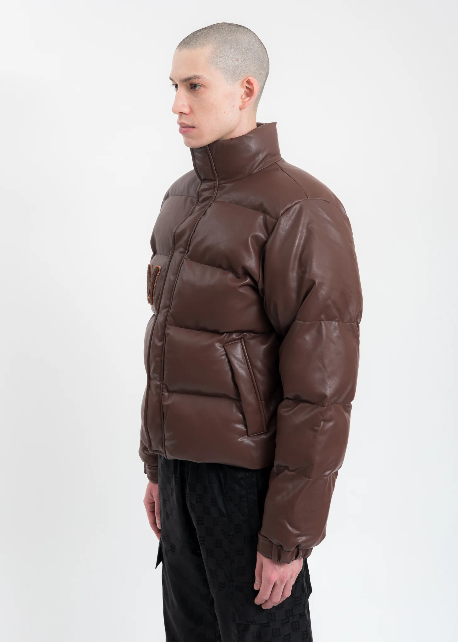 Brown Vegan Leather Campus Puffer Jacket - Image 5