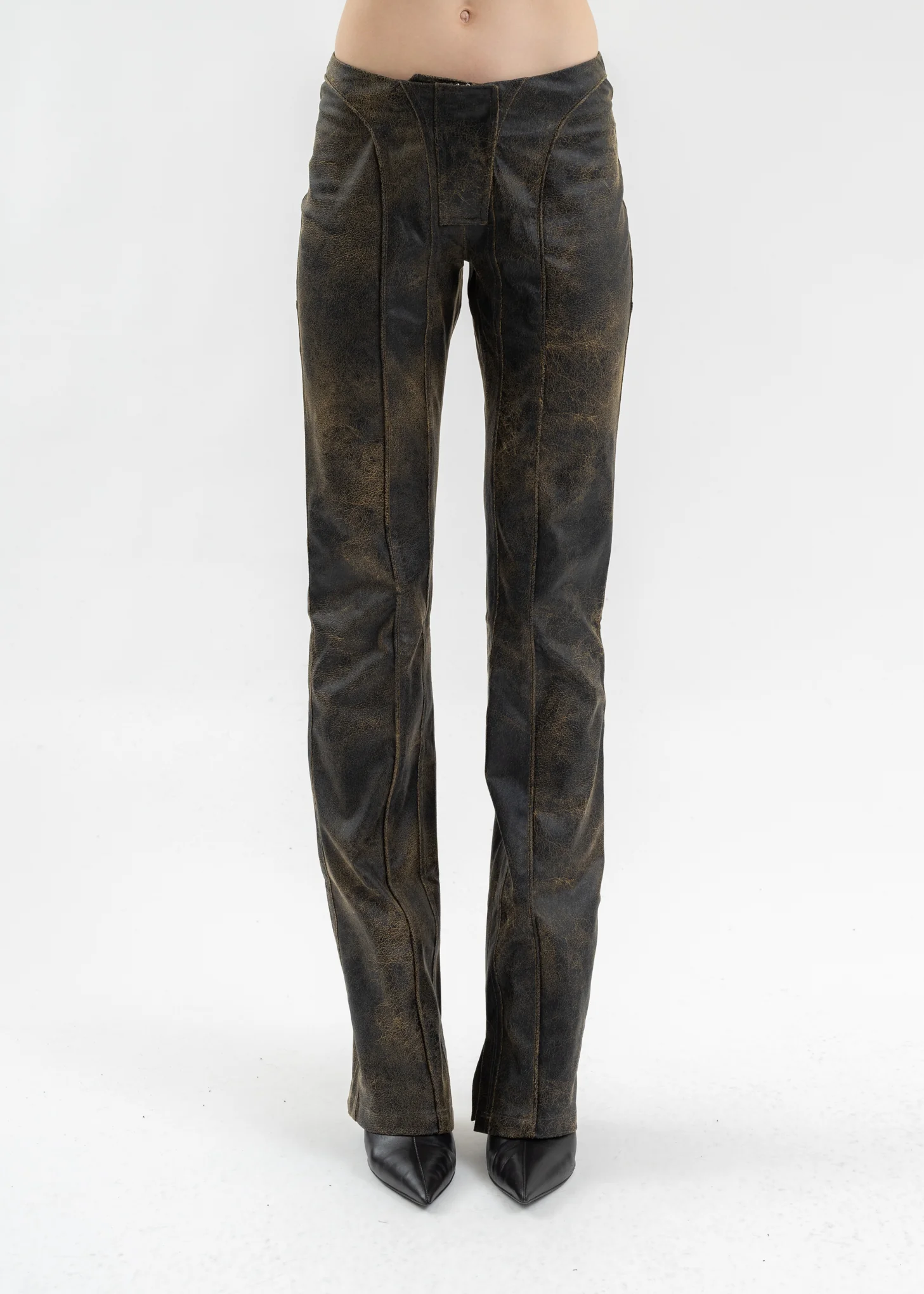 BROWN VEGAN LEATHER FLARED TROUSERS