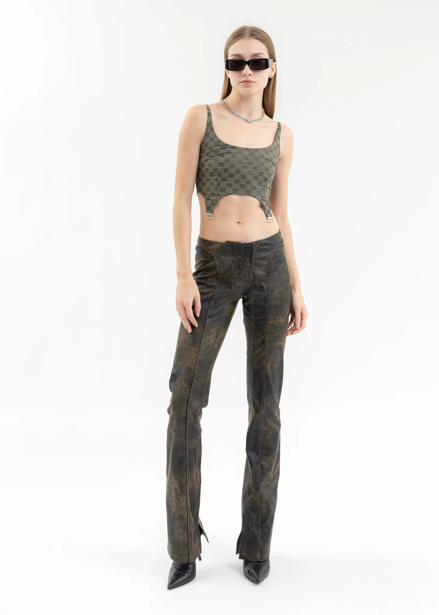 BROWN VEGAN LEATHER FLARED TROUSERS - Image 6