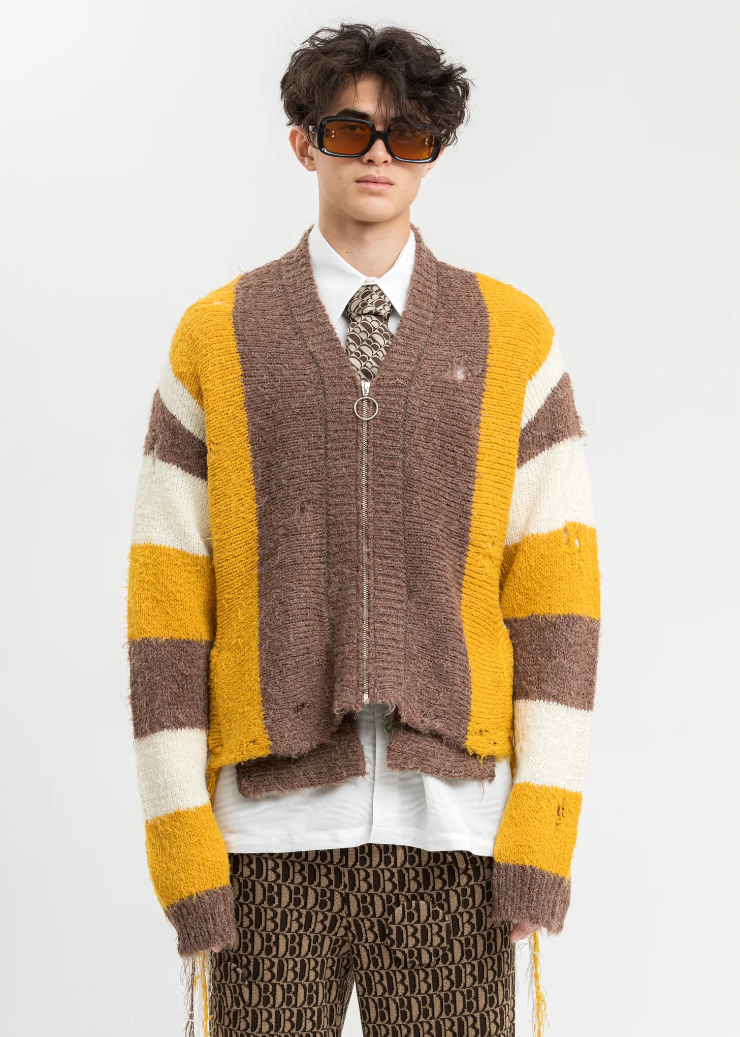 Yellow Zip Up Stripe Cardigan - Image 3