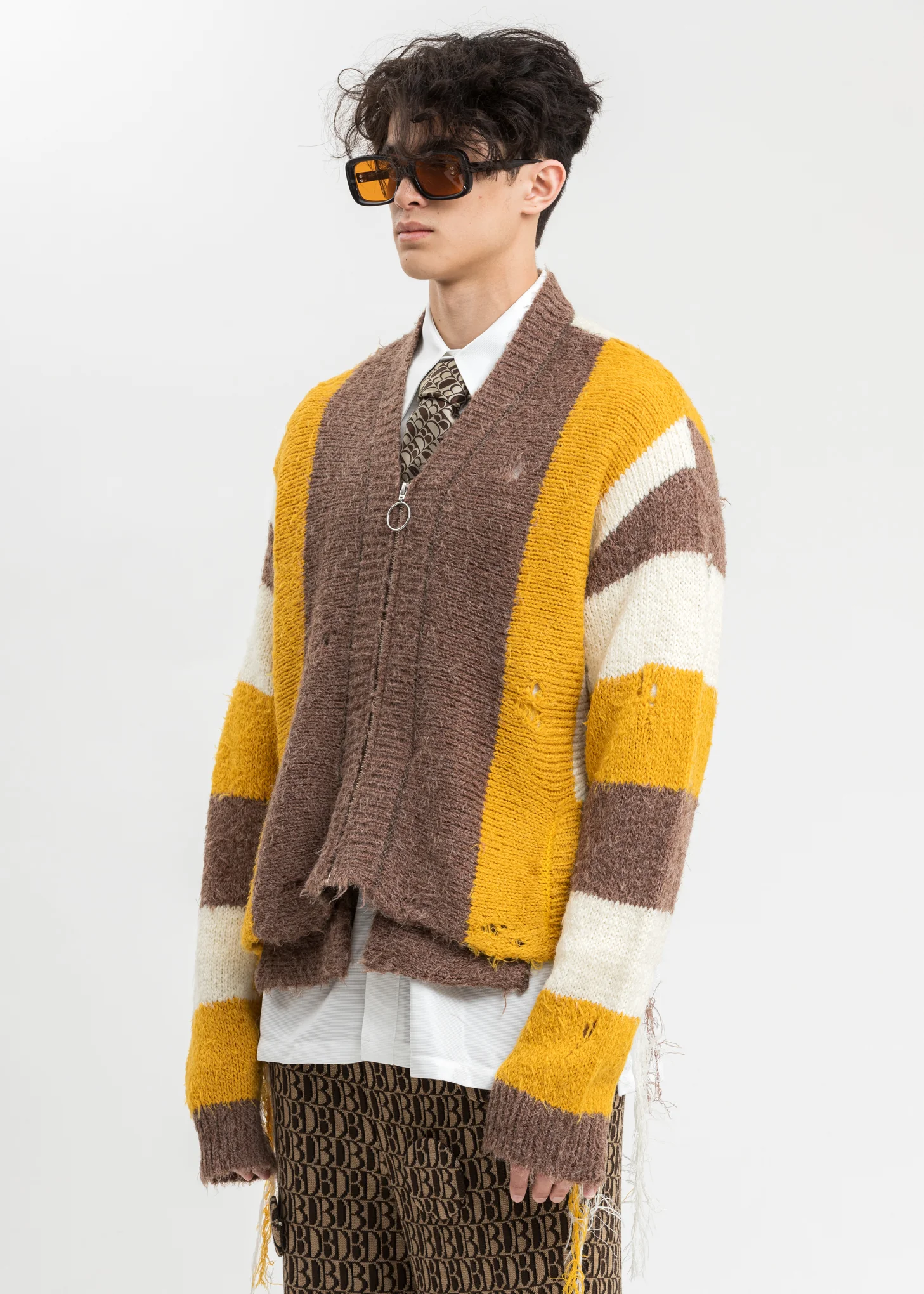 Yellow Zip Up Stripe Cardigan - Image 5