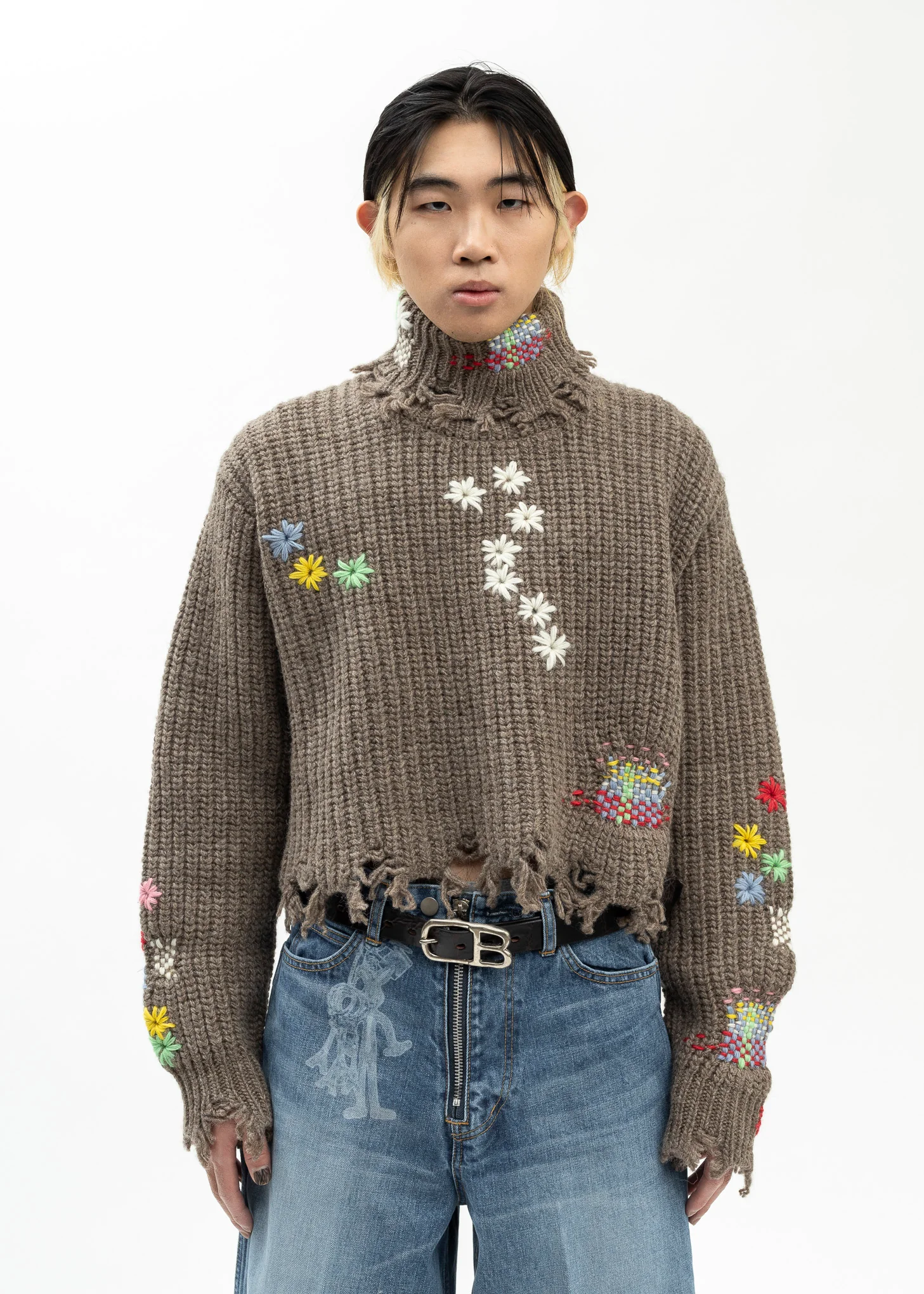 CAMEL DARNING CUT OFF KNIT PULLOVER