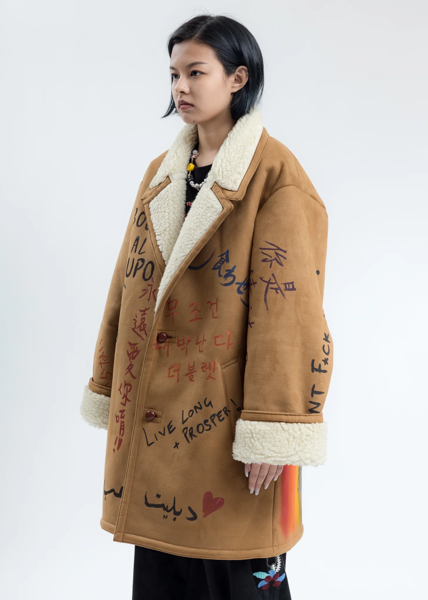 Camel Message Hand-Painted Mouton Coat - Image 5