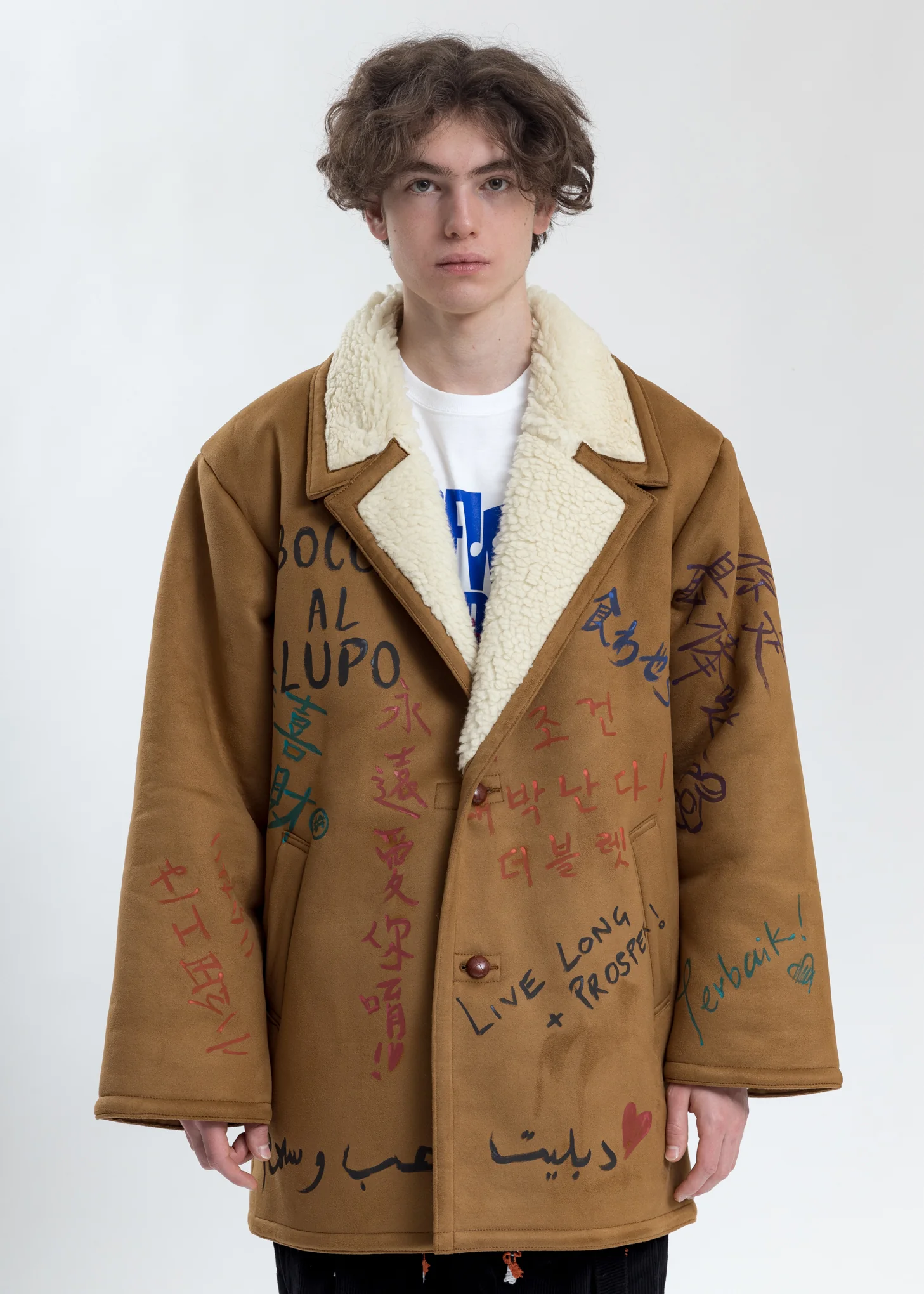 Camel Message Hand-Painted Mouton Coat