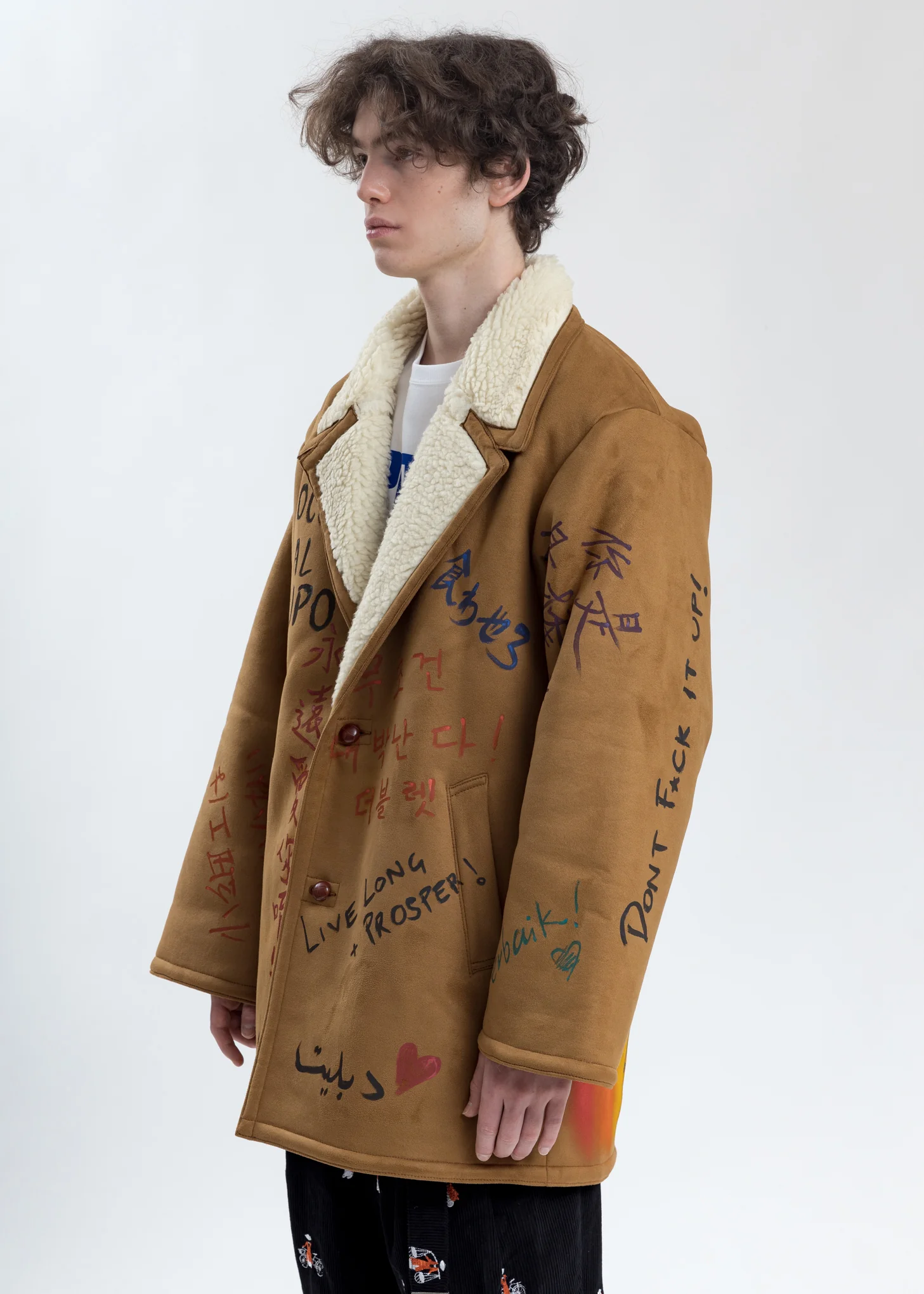 Camel Message Hand-Painted Mouton Coat - Image 4
