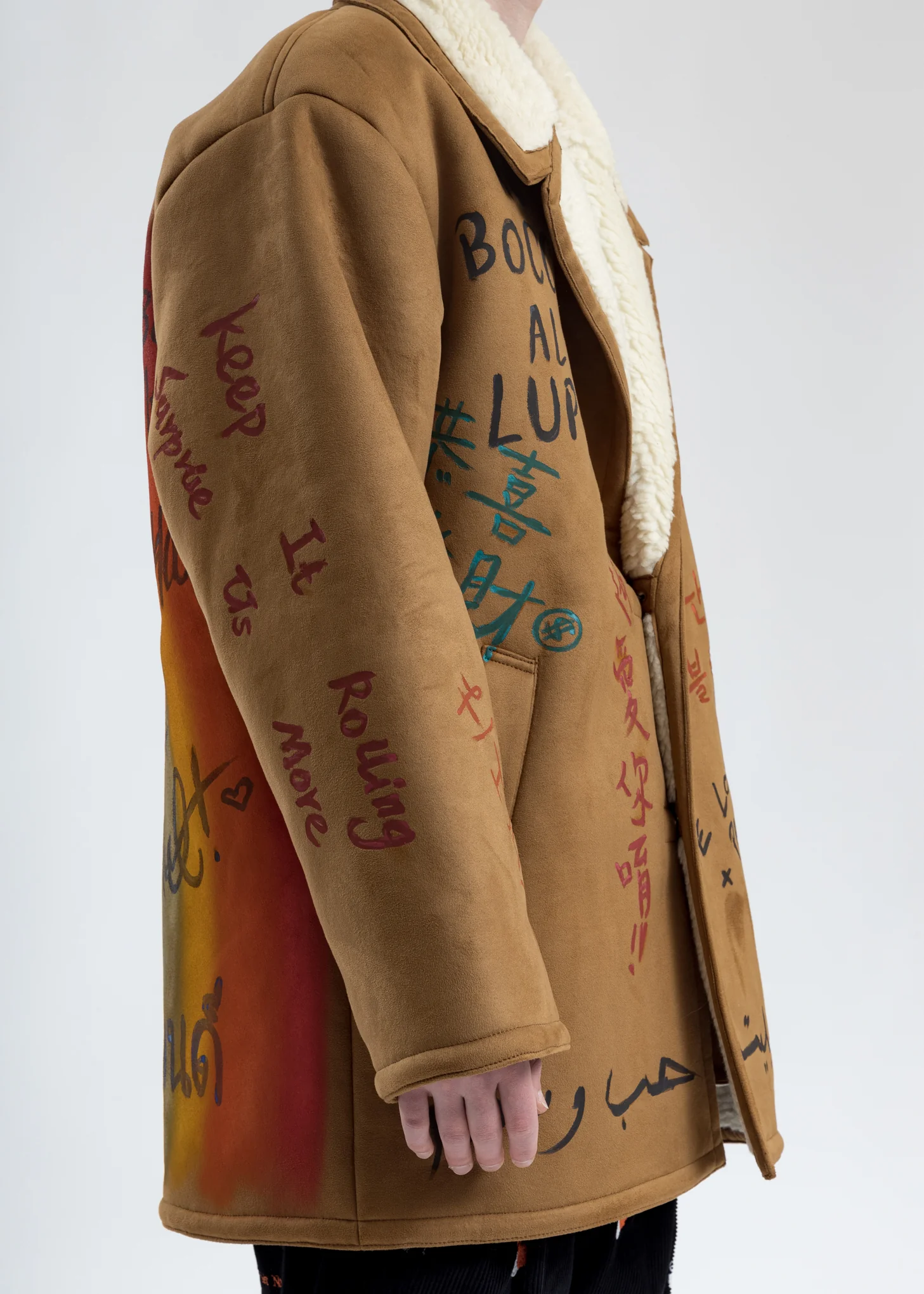Camel Message Hand-Painted Mouton Coat - Image 6