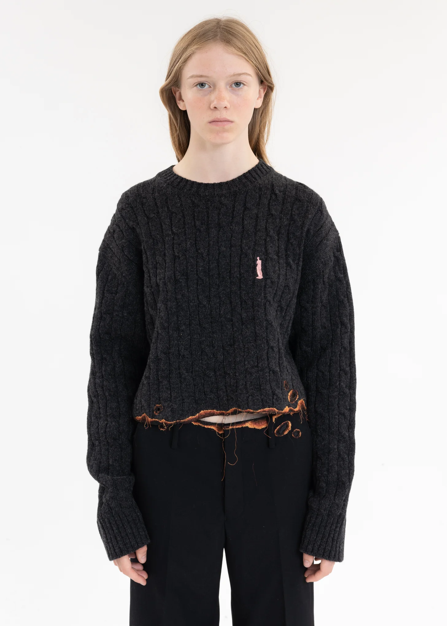 Charcoal BURNIG EMBROIDERY KNIT PULLOVER