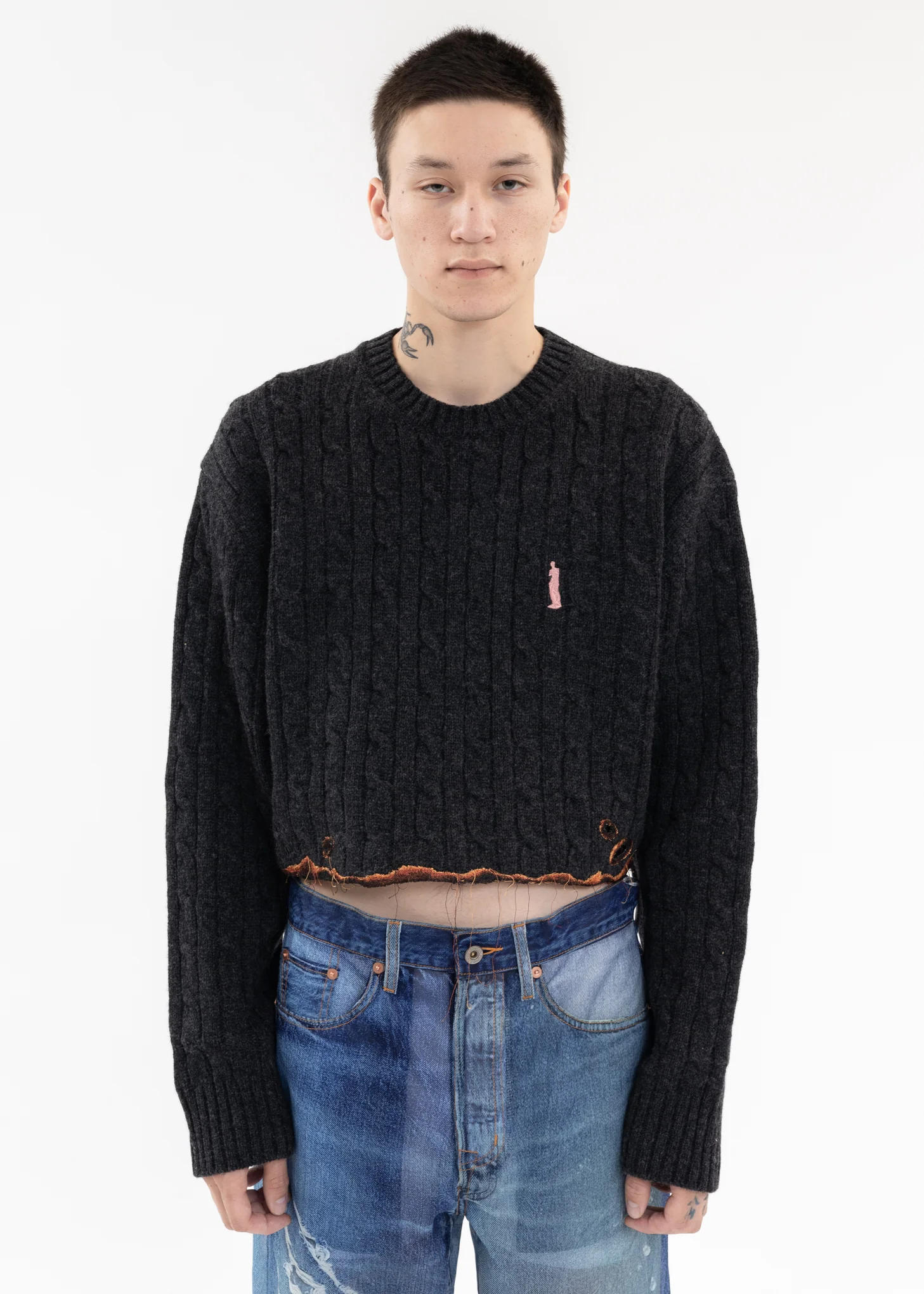 Charcoal BURNING EMBROIDERY KNIT PULLOVER