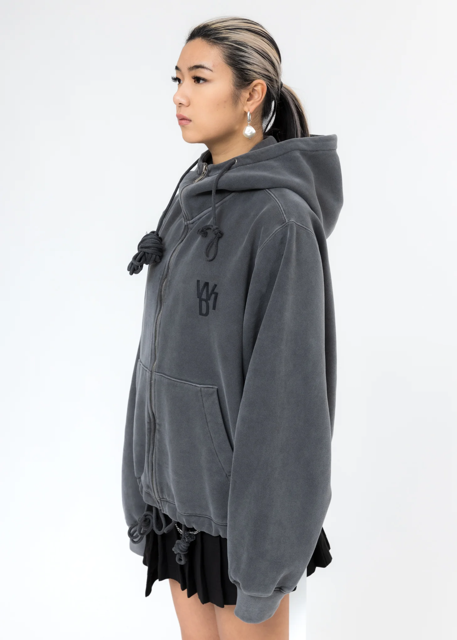 Charcoal Embroidered Teddy Zip-Up Hoodie - Image 3