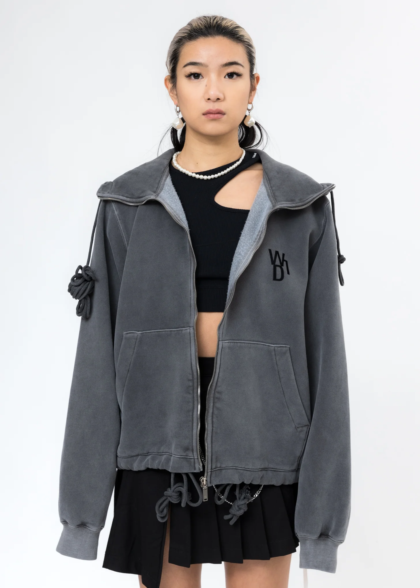Charcoal Embroidered Teddy Zip-Up Hoodie - Image 4