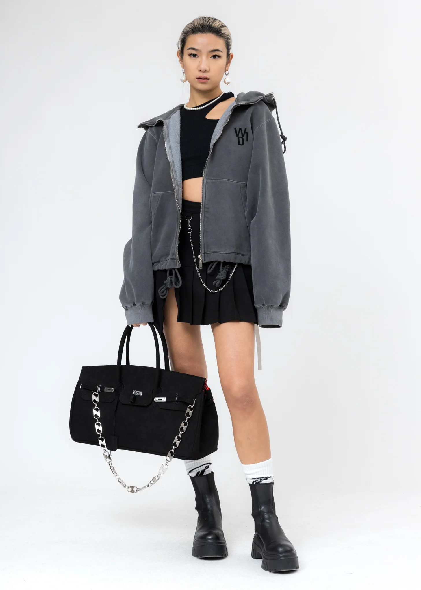 Charcoal Embroidered Teddy Zip-Up Hoodie - Image 6