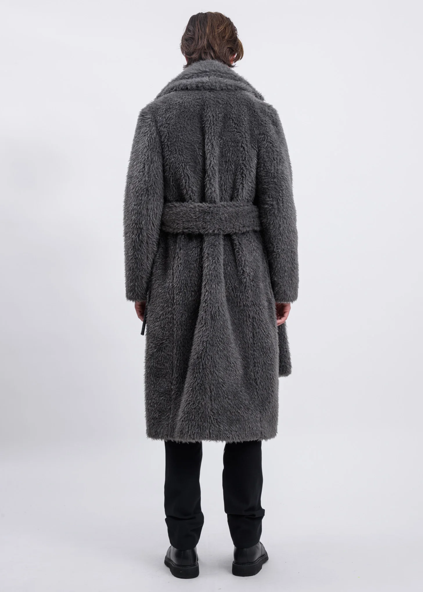 Charcoal Shaggy Fur Belted Coat - Image 3