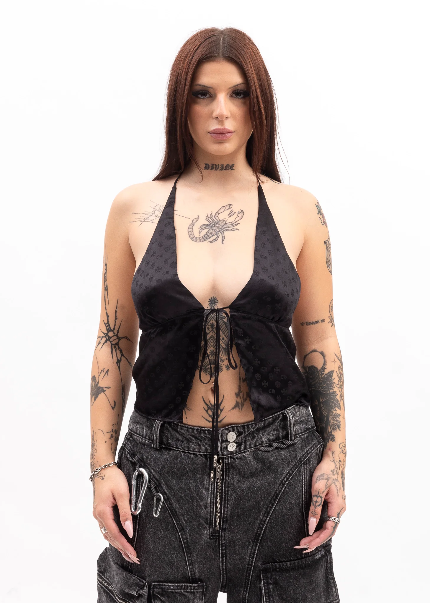 Chrome Hearts Black Babydoll Silk Tie Top Womens