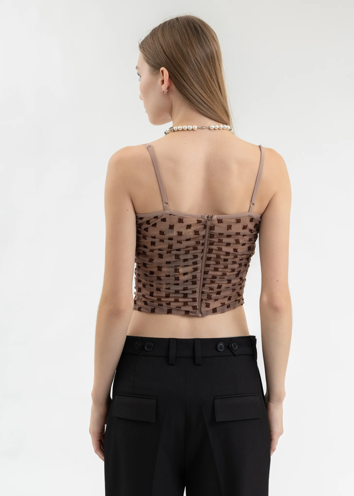 CINNAMON MONOGRAM MESH DRAPED TOP - Image 2