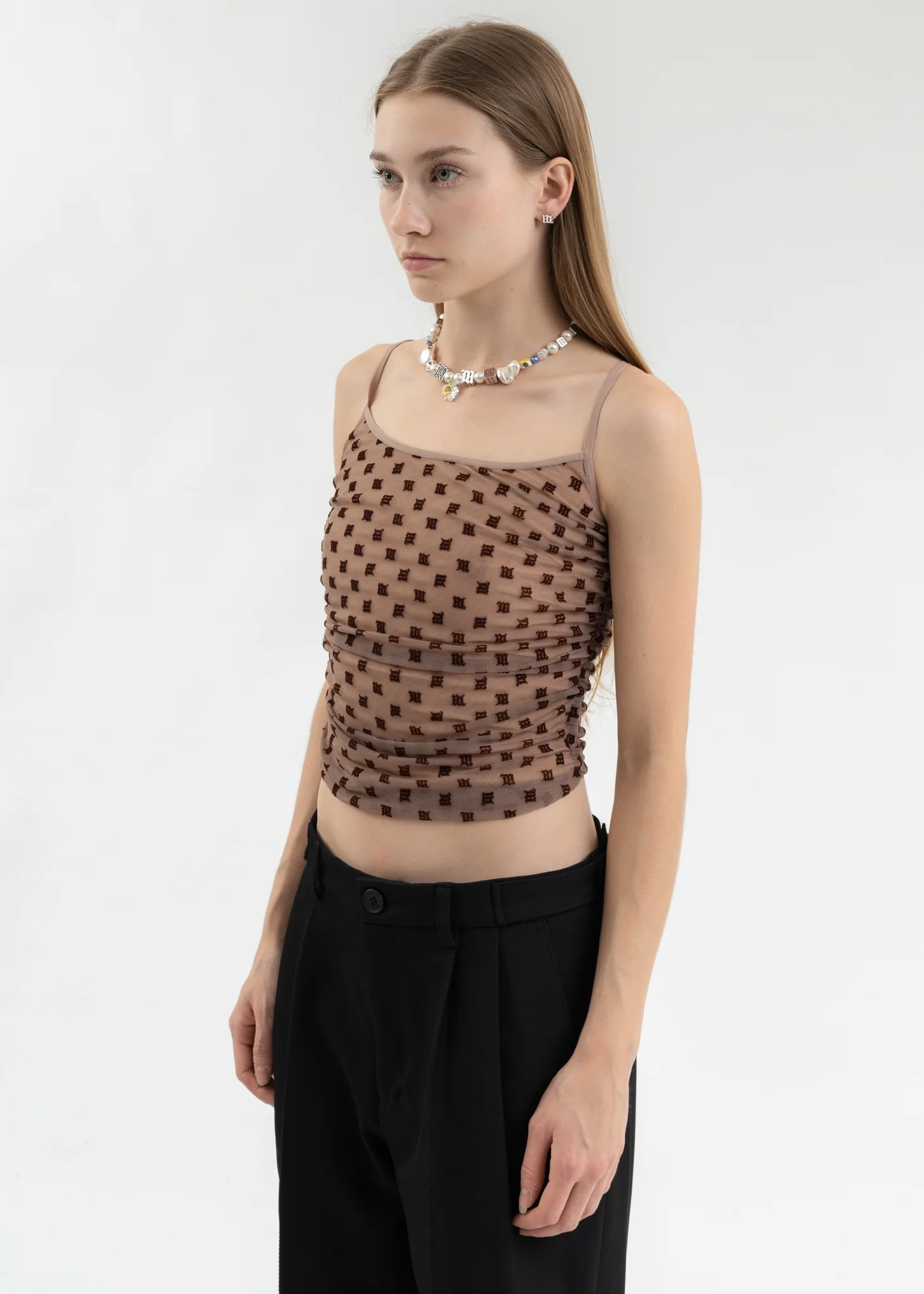 CINNAMON MONOGRAM MESH DRAPED TOP - Image 3