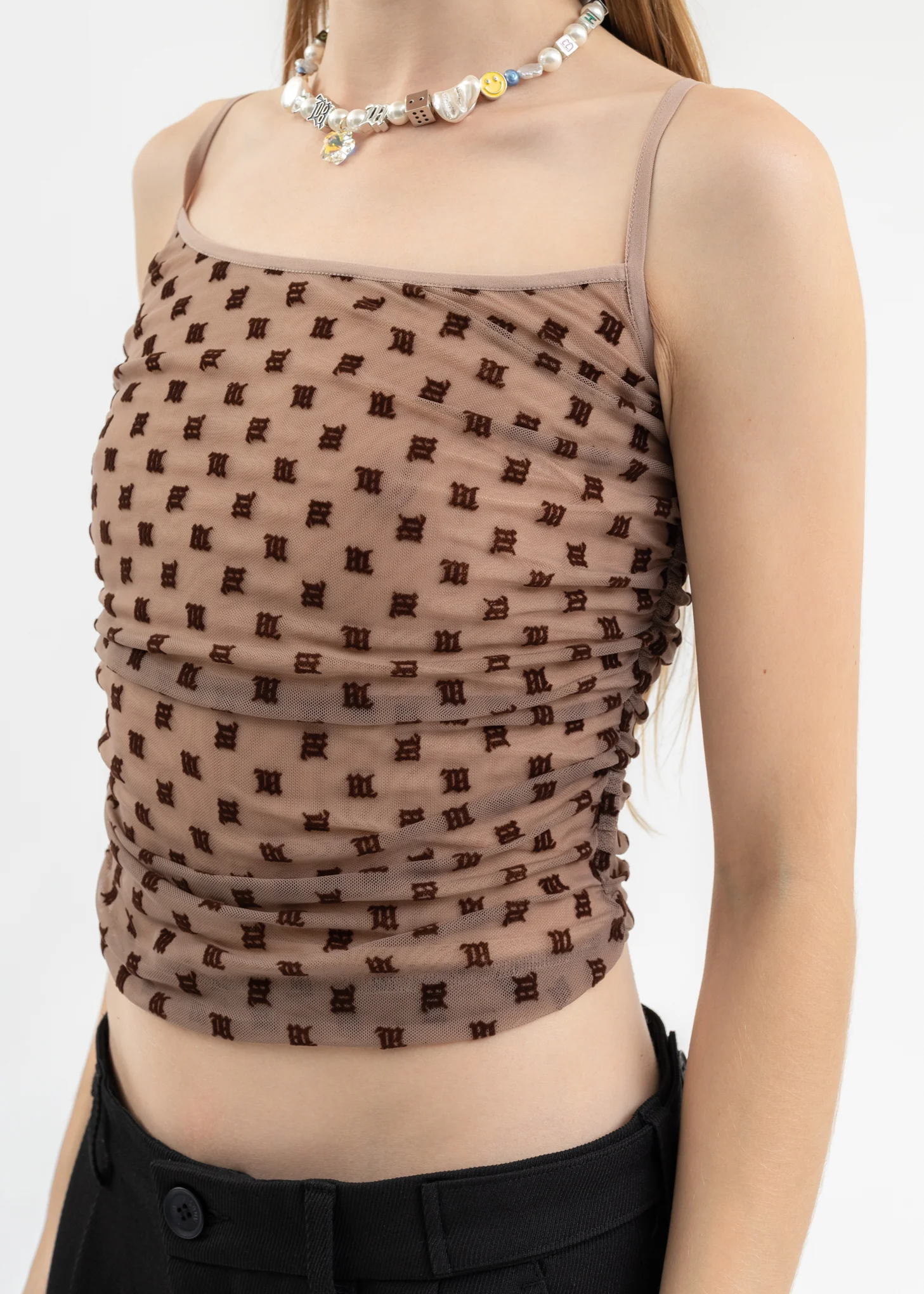 CINNAMON MONOGRAM MESH DRAPED TOP - Image 4