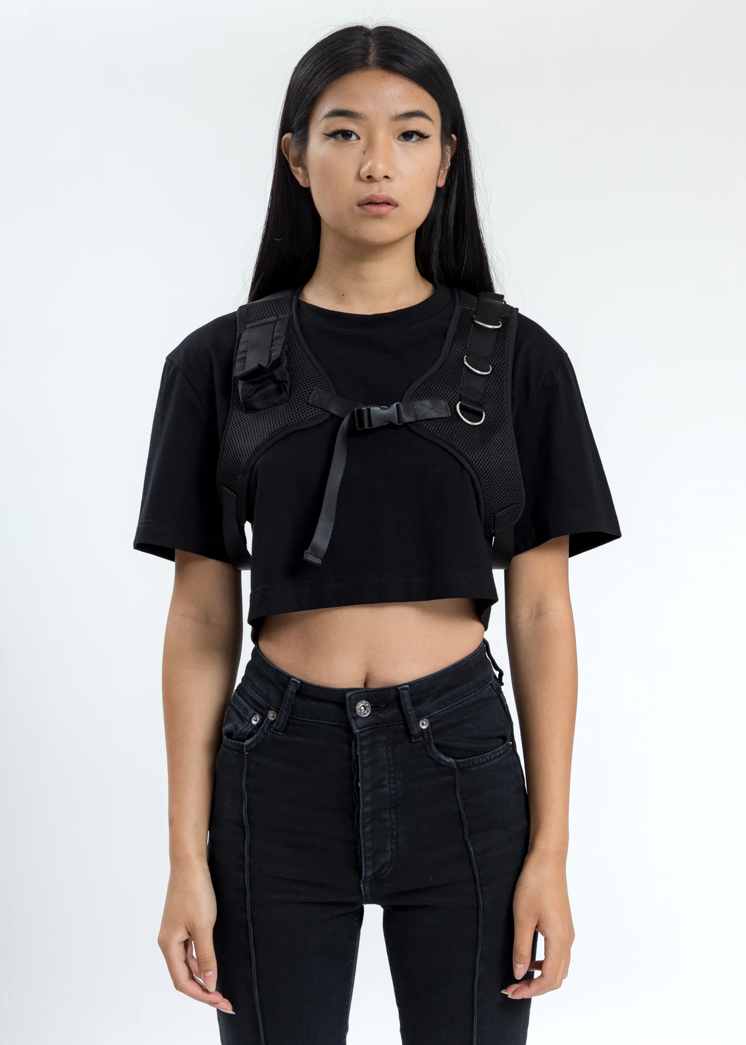 Black Crop T-Shirt With Chest Harness