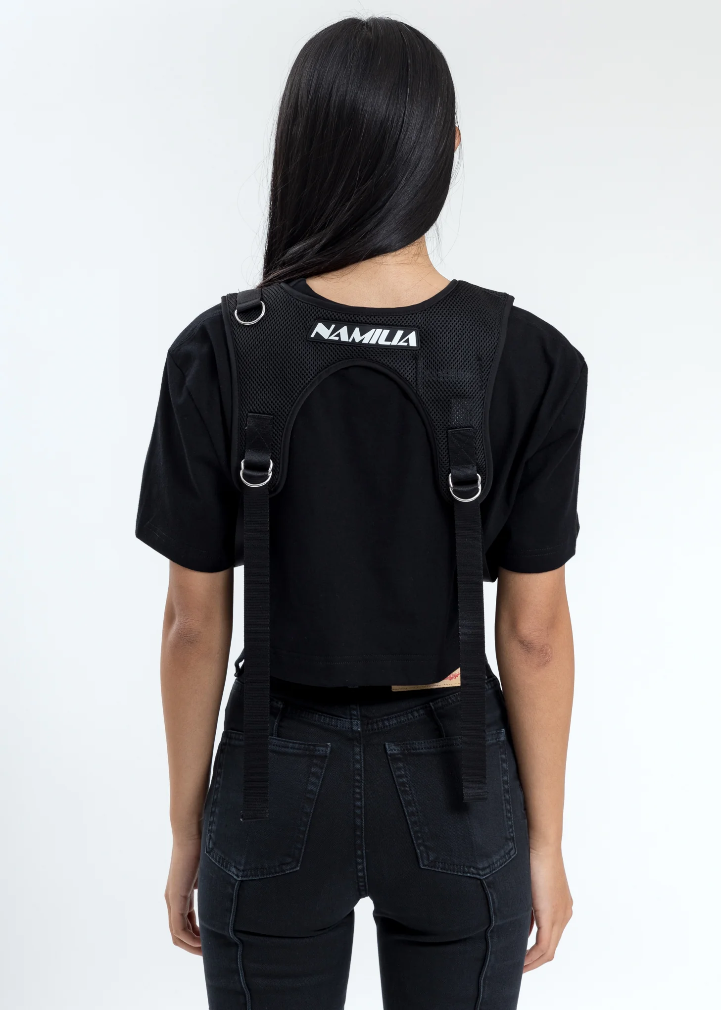 Black Crop T-Shirt With Chest Harness - Image 2