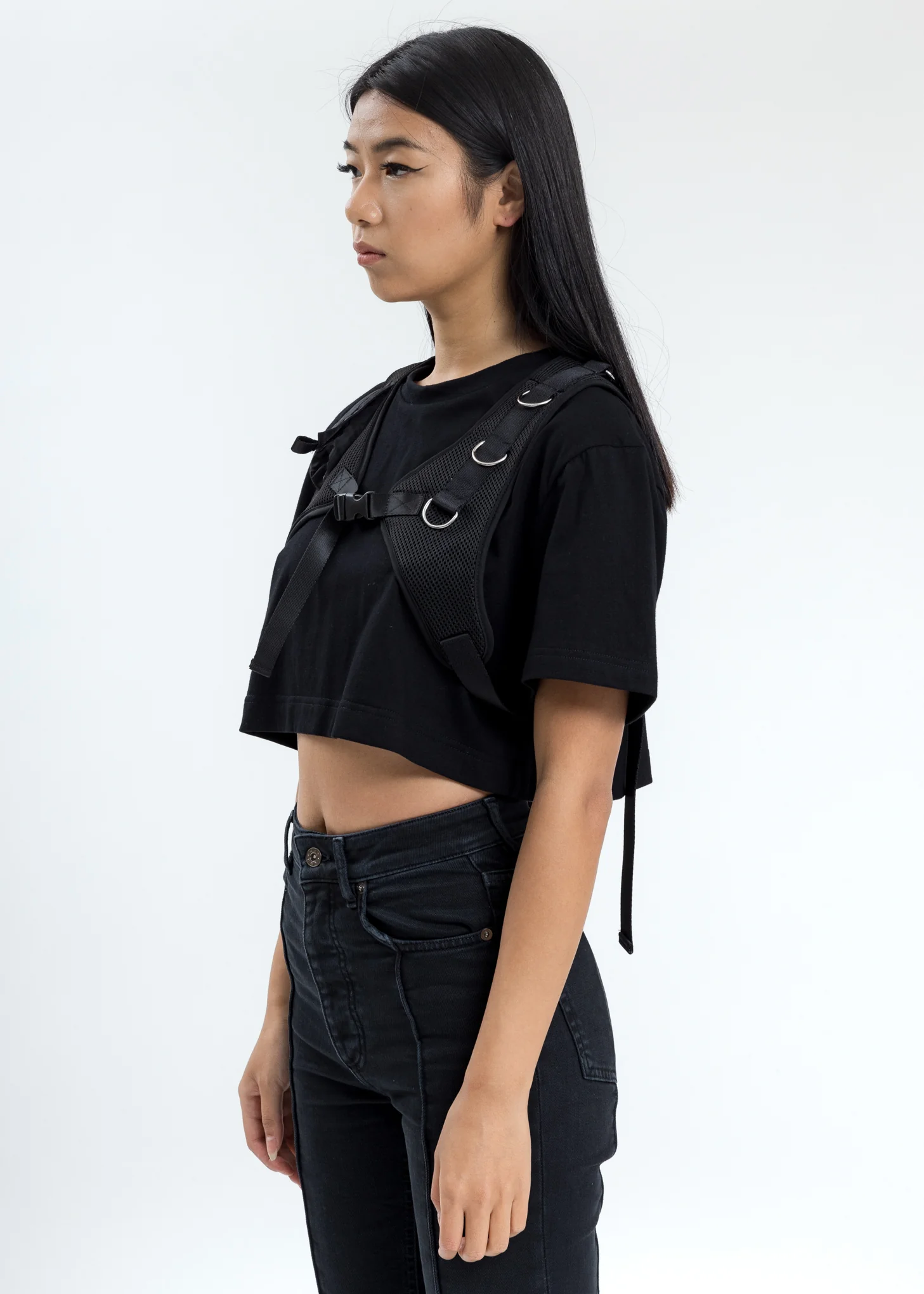 Black Crop T-Shirt With Chest Harness - Image 3