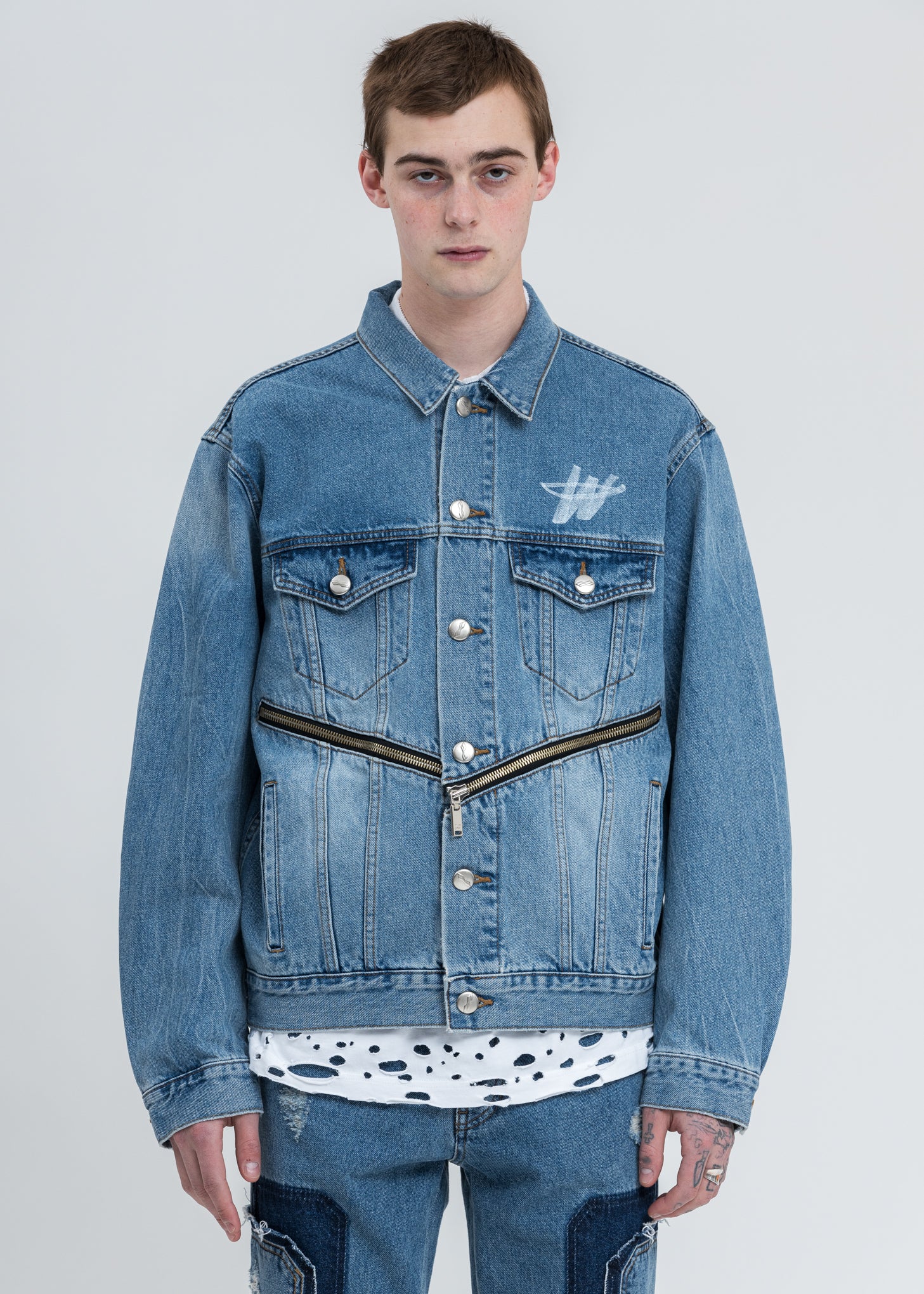Blue WD Logo Zipper Denim Jacket