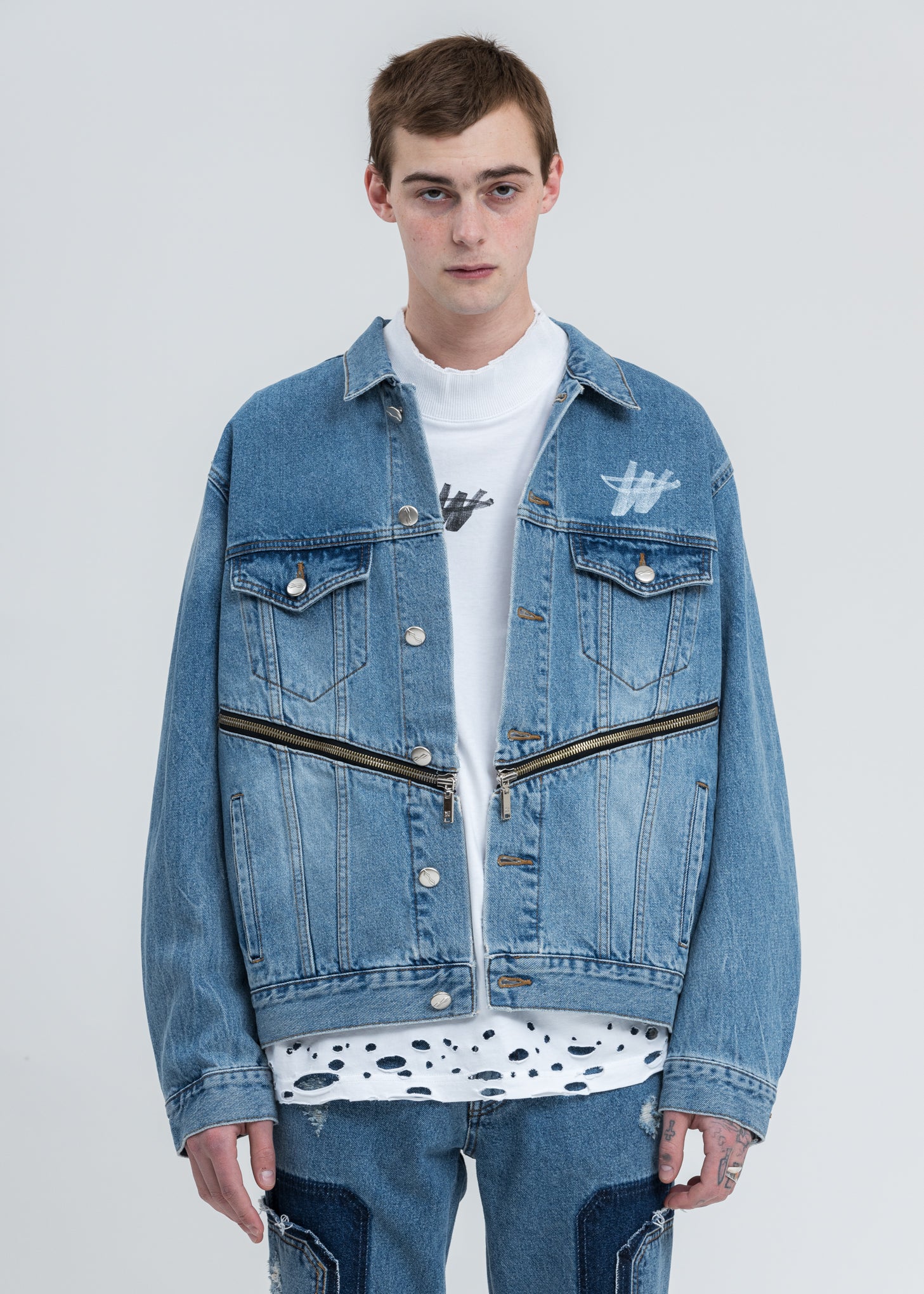 Blue WD Logo Zipper Denim Jacket - Image 3