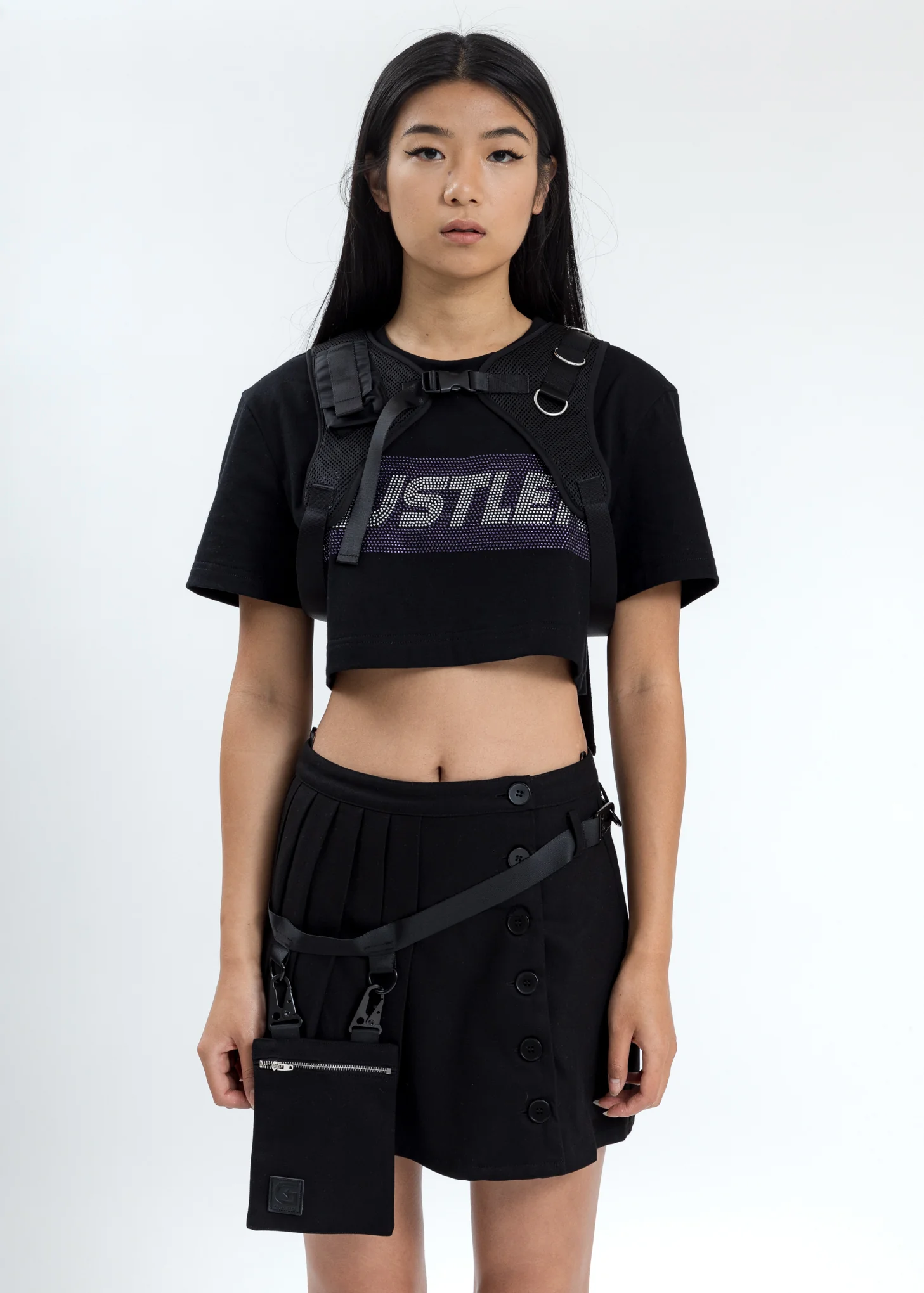 Black Crop T-Shirt With Chest Harness (Crystal)