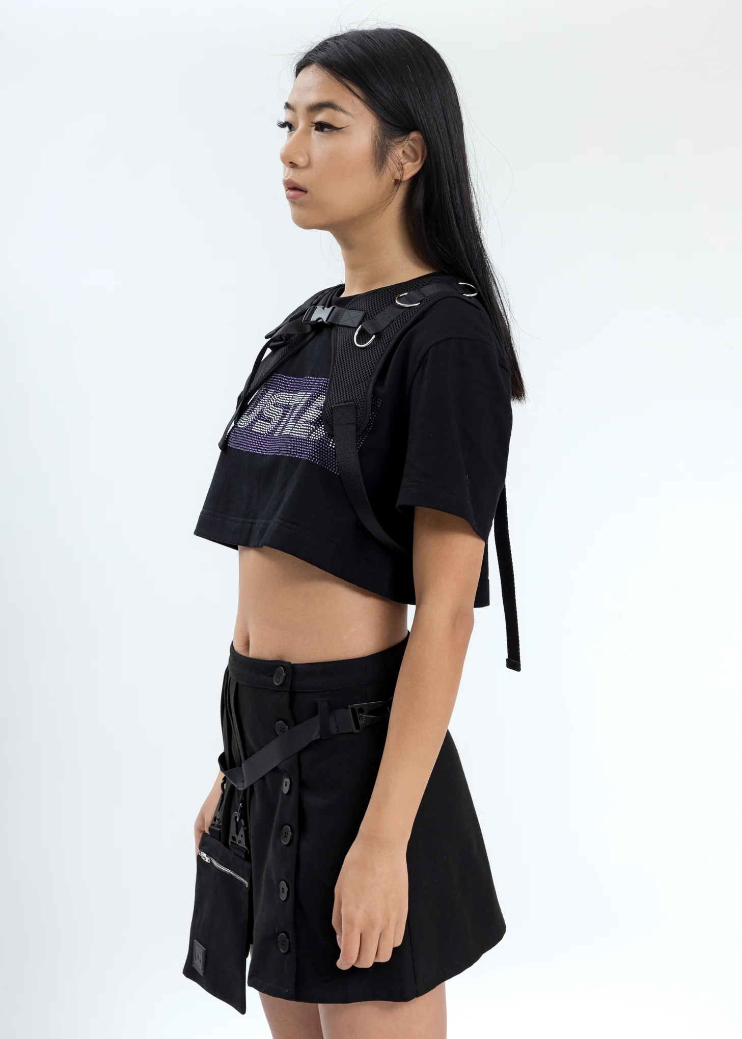 Black Crop T-Shirt With Chest Harness (Crystal) - Image 4