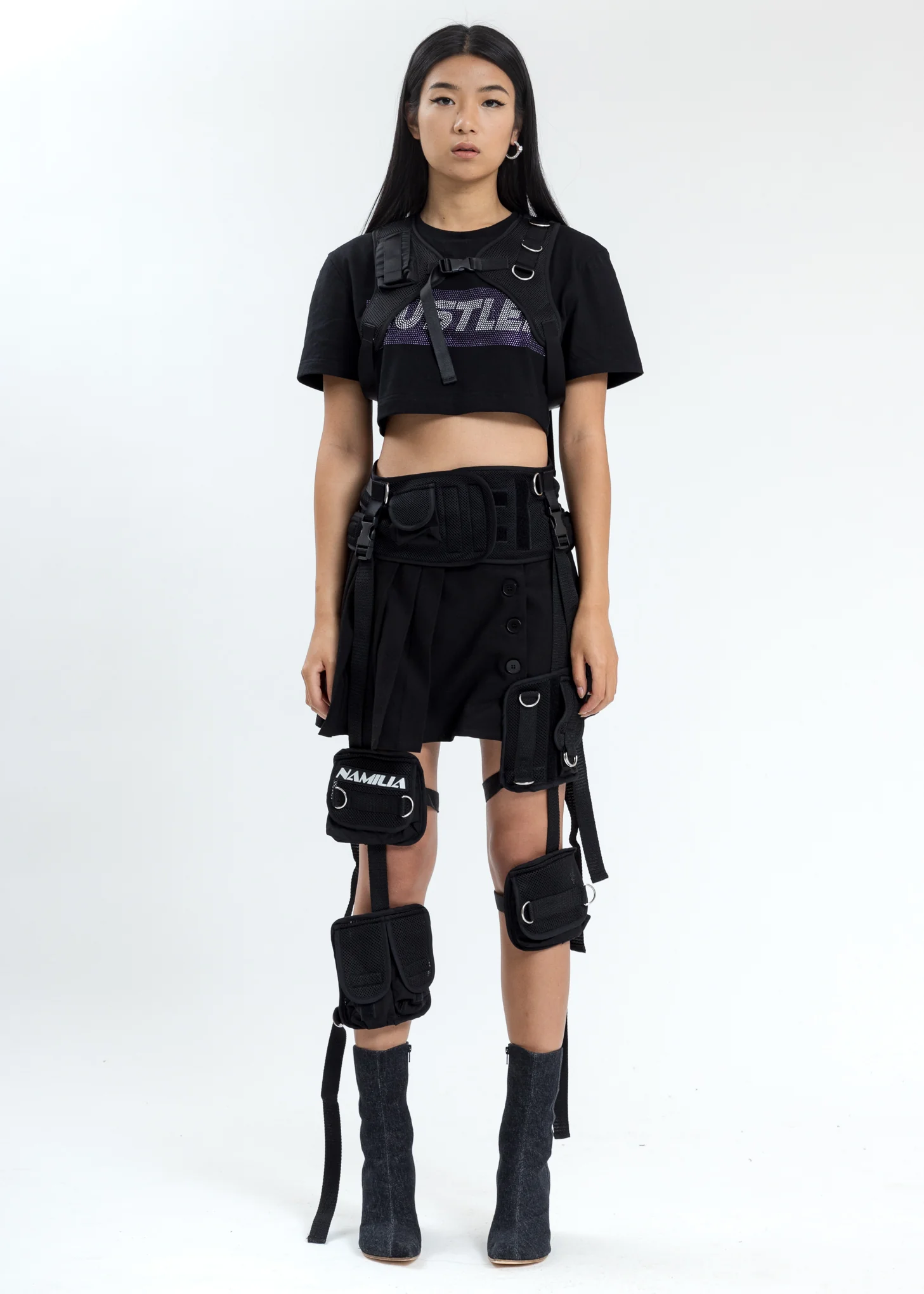 Black Crop T-Shirt With Chest Harness (Crystal) - Image 5
