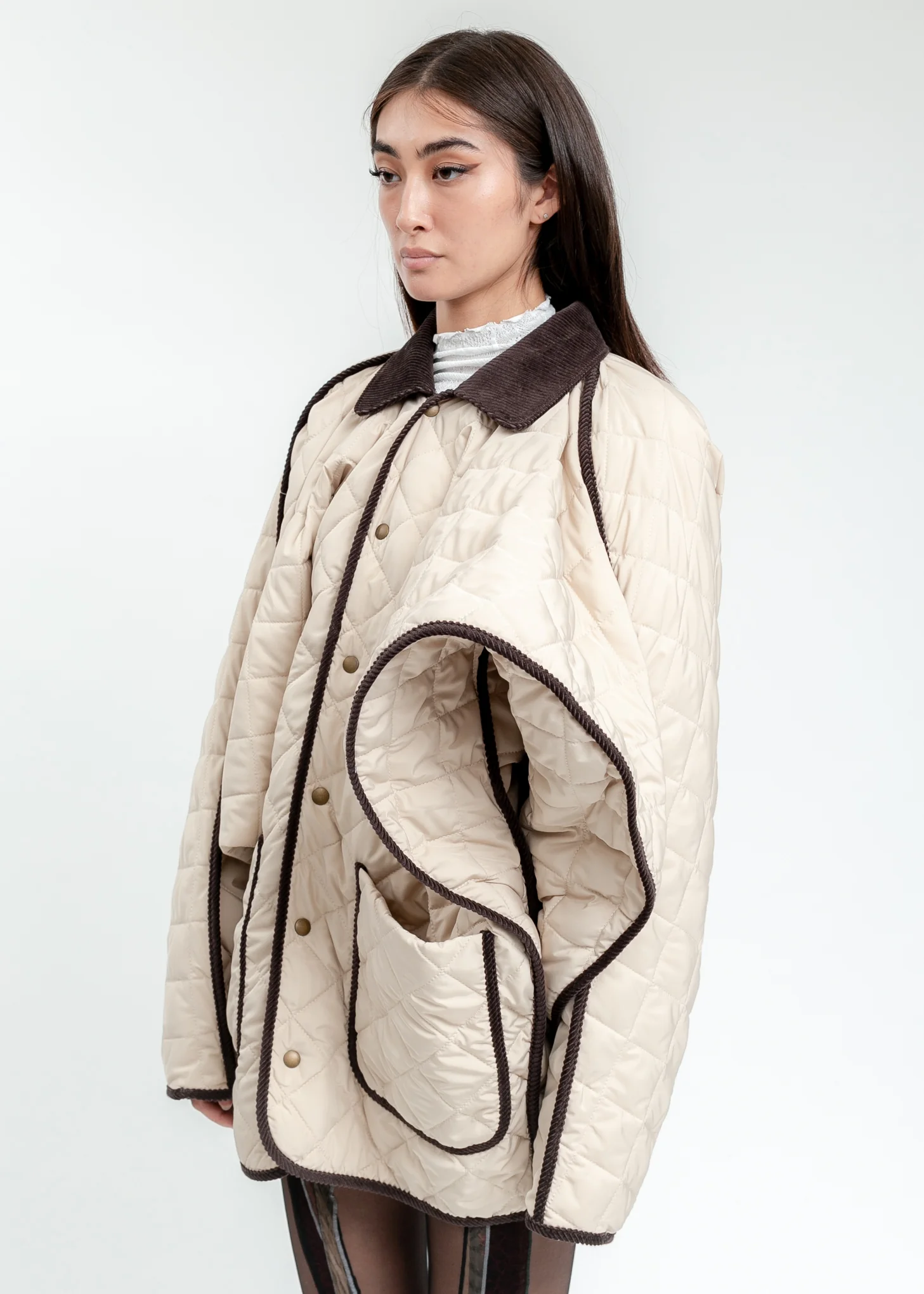 Cream And Dark Brown Quilted Penguin Jacket - Image 2