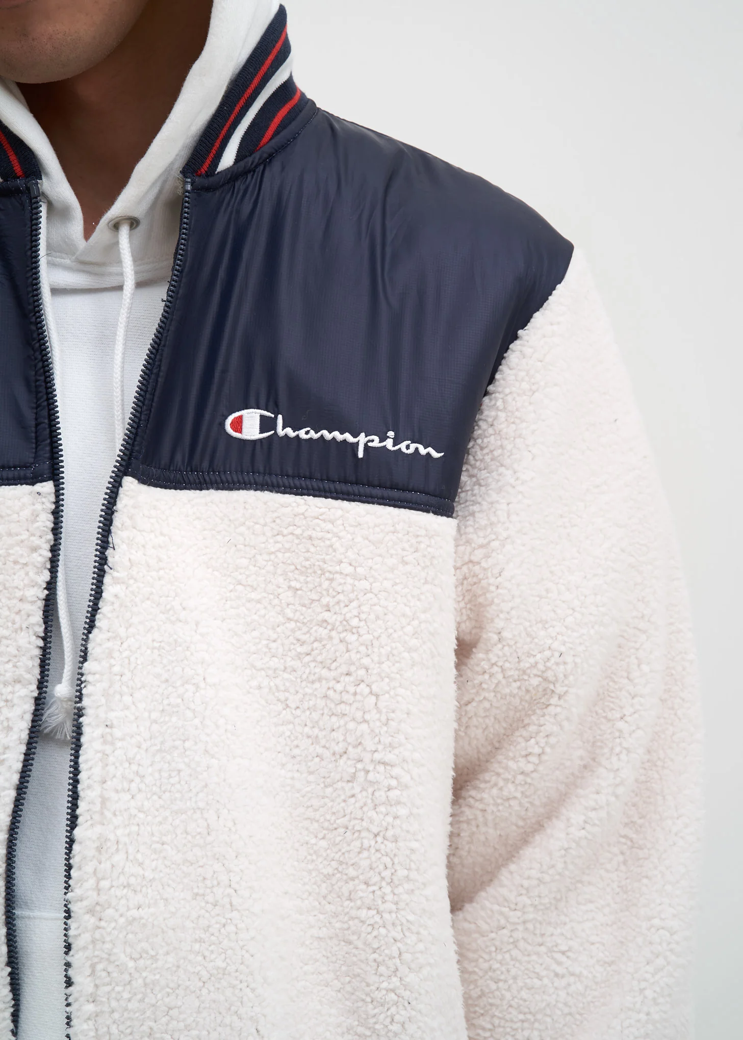 Cream and Navy Sherpa Baseball Jacket - Image 5