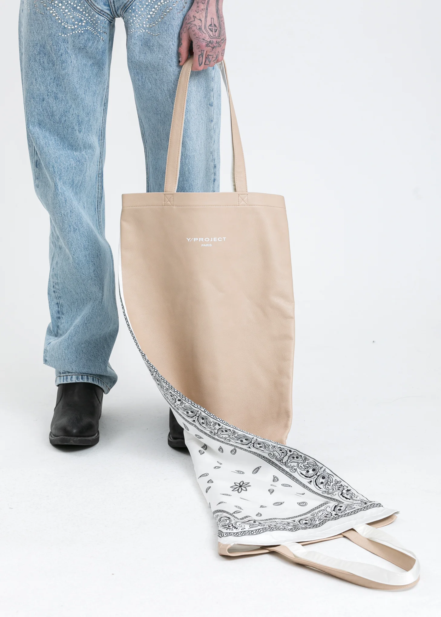 Cream And White Scarf Print Tote Bag