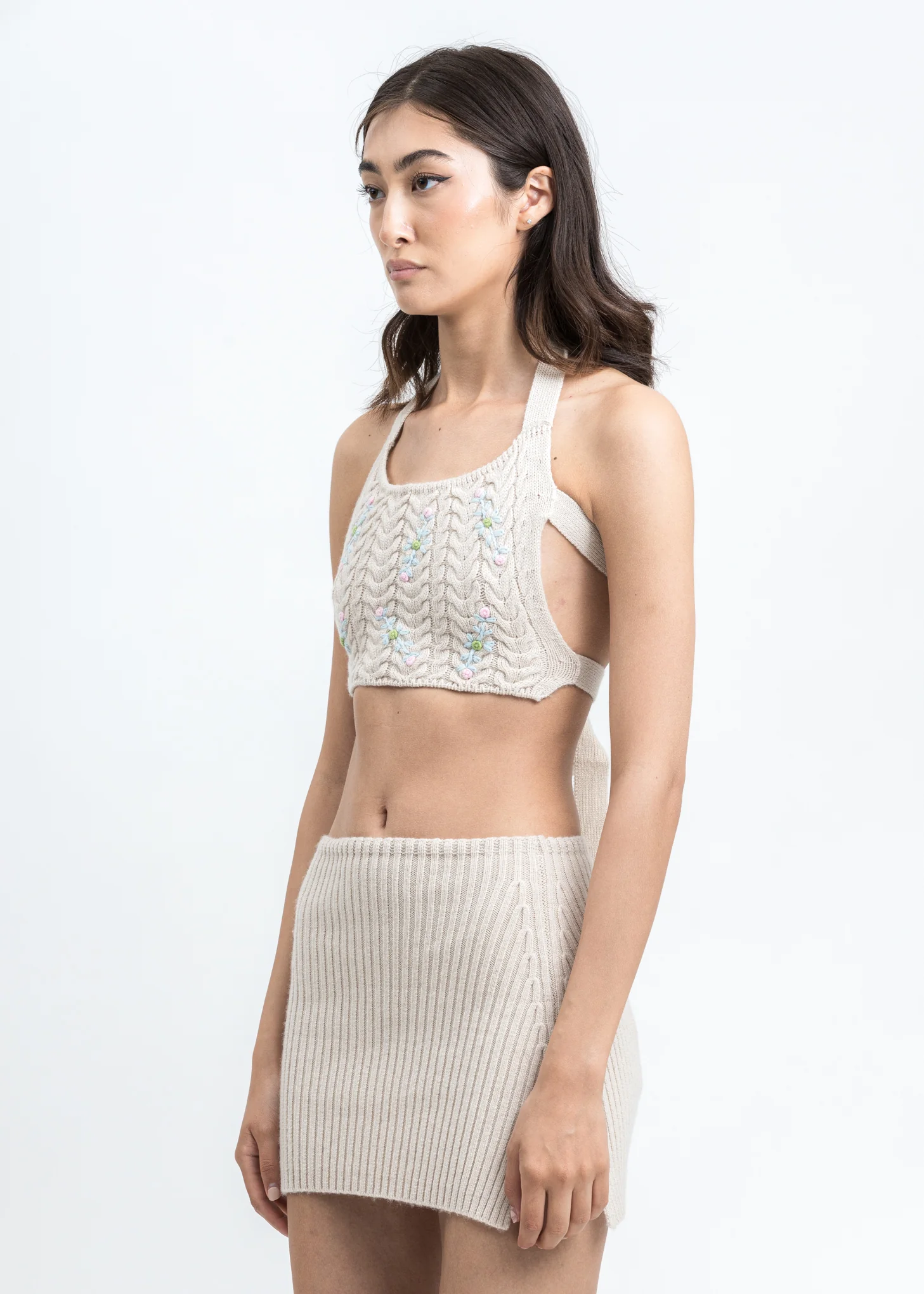 Cream Cable Knit Floral Embroidered Halter Top - Image 3
