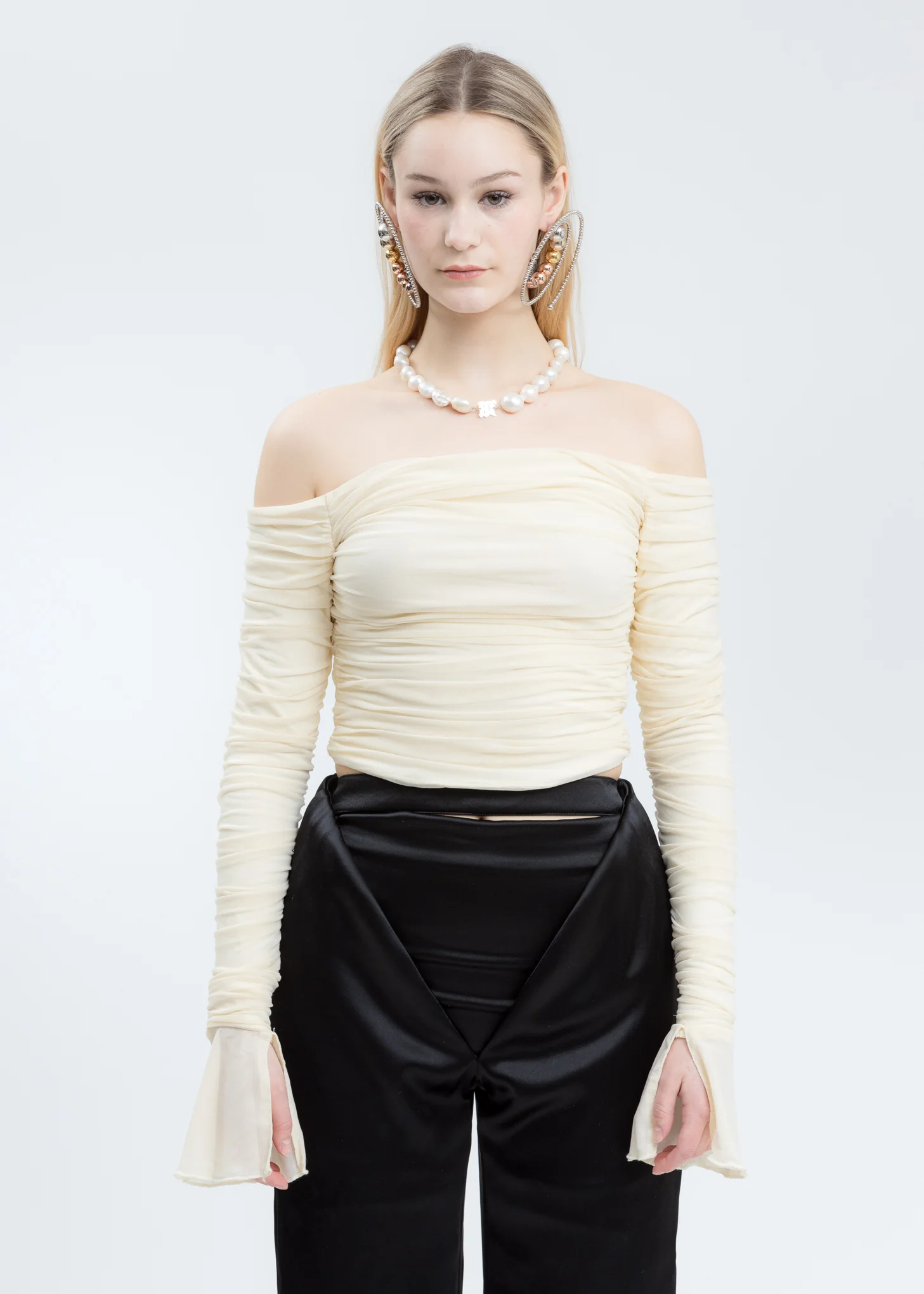Cream Off Shoulder Mesh Ruched Top