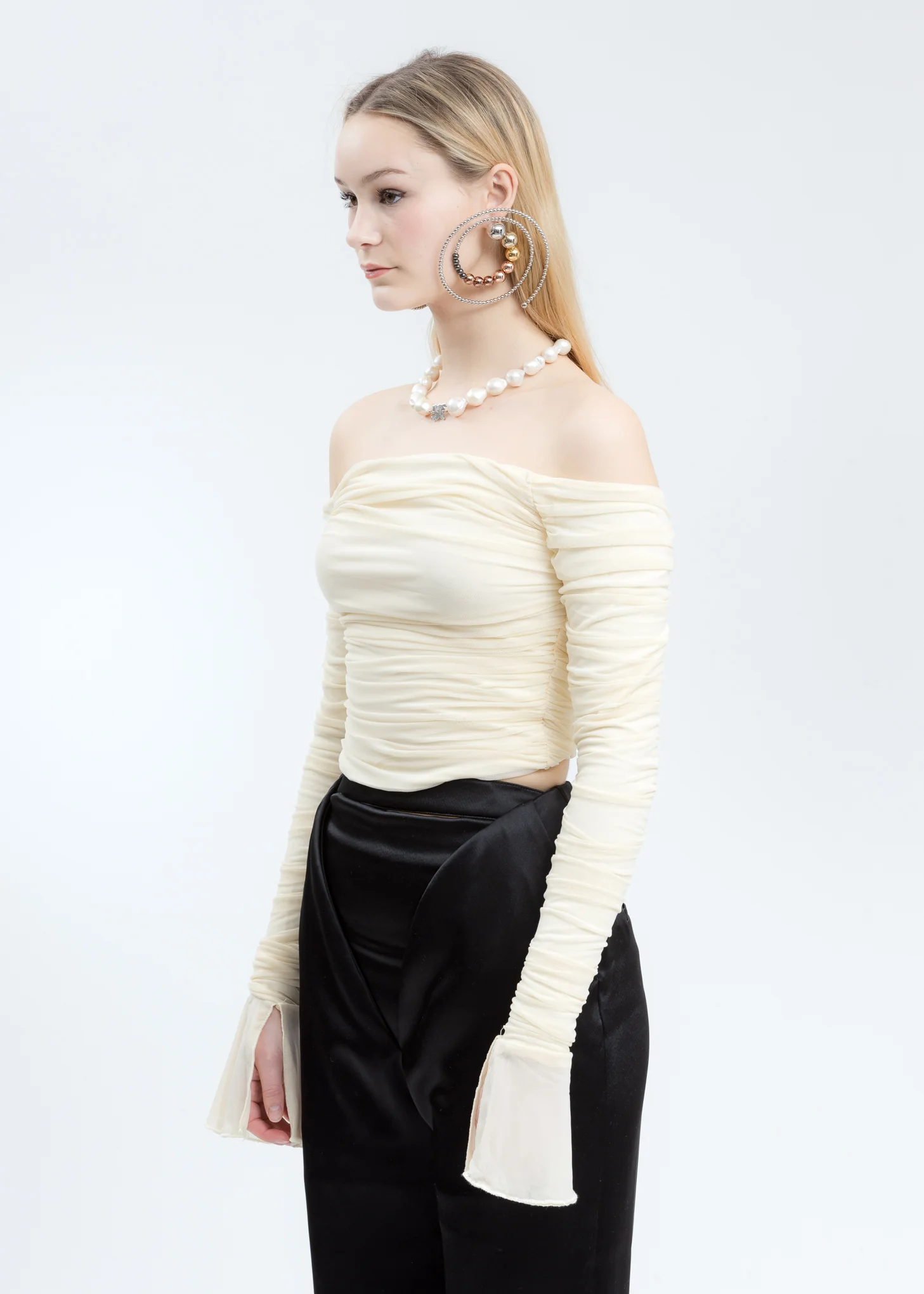 Cream Off Shoulder Mesh Ruched Top - Image 3