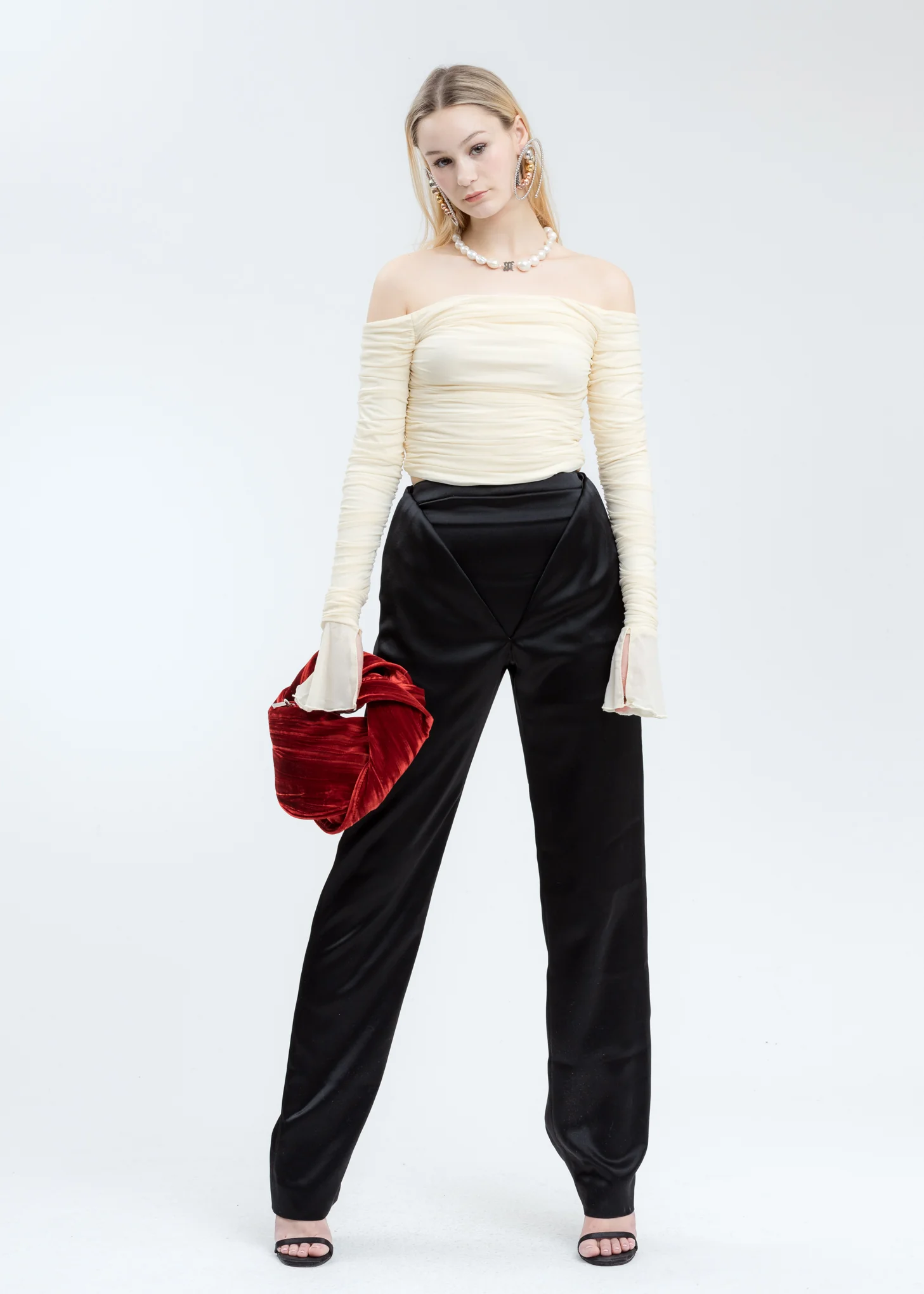 Cream Off Shoulder Mesh Ruched Top - Image 6