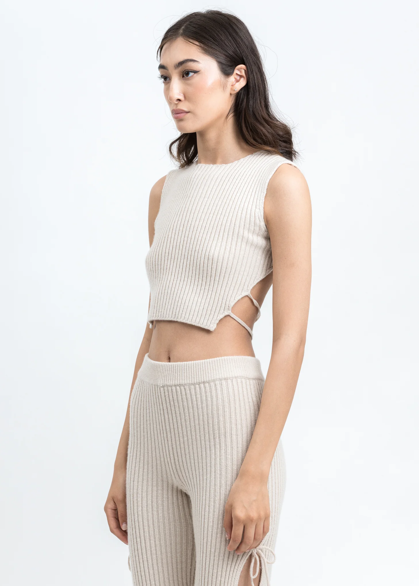 Cream Rib Knit Backless Tank Top - Image 3