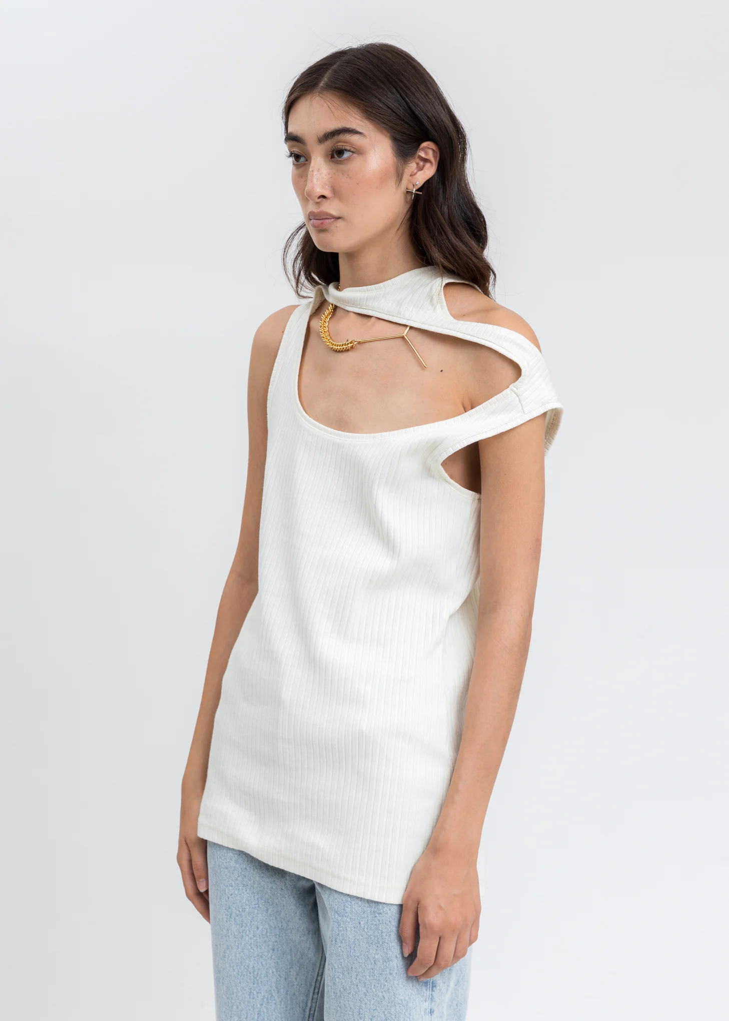Cream Three Neck Polo Tank Top - Image 3