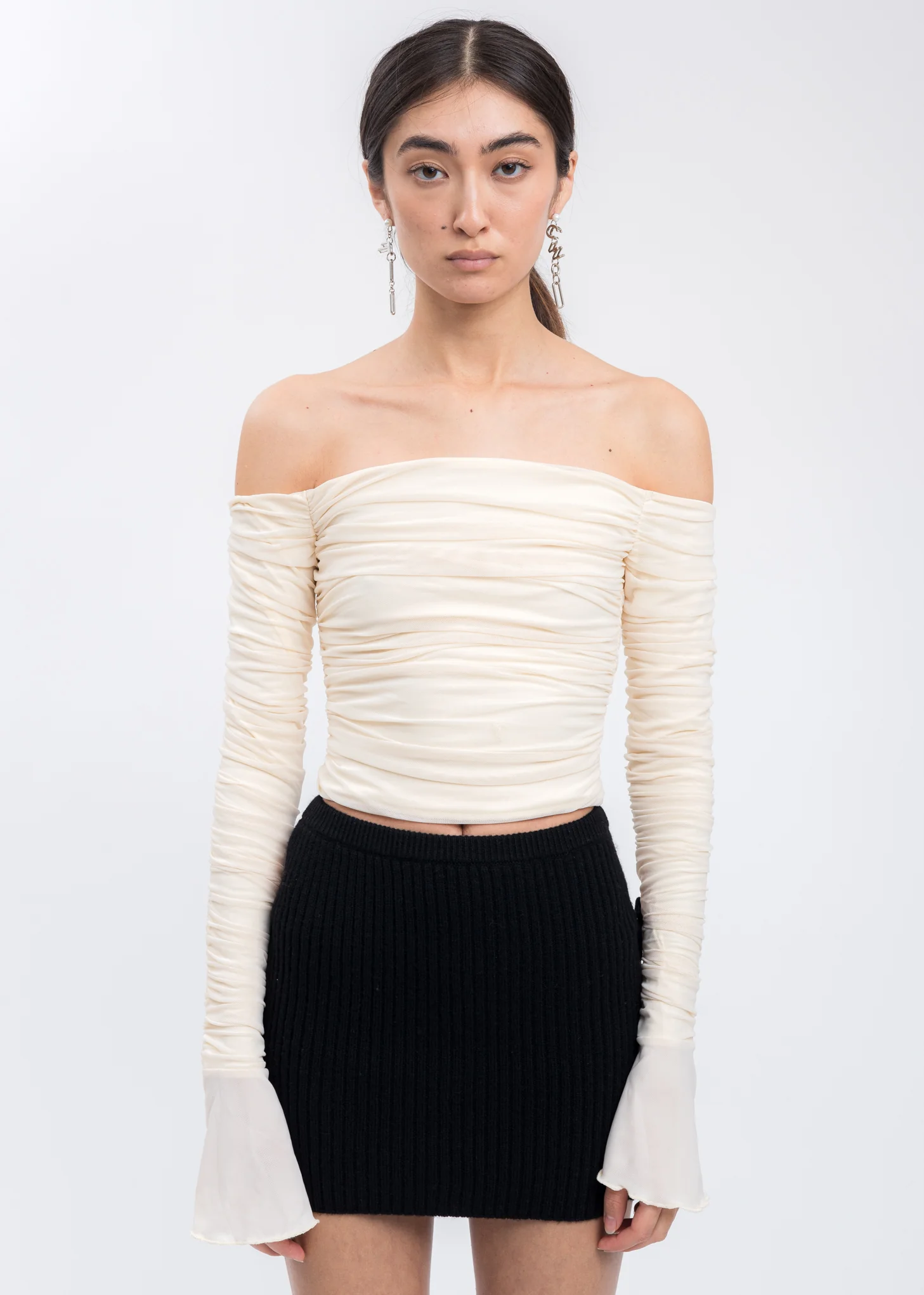 Cream White Alia Off Shoulder Ruched Top