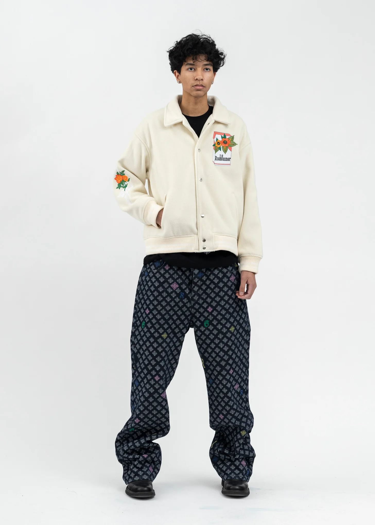 CREAM WHITE FLOWERS EMBROIDERY PATCHWORK  BOMBER JACKET - Image 5