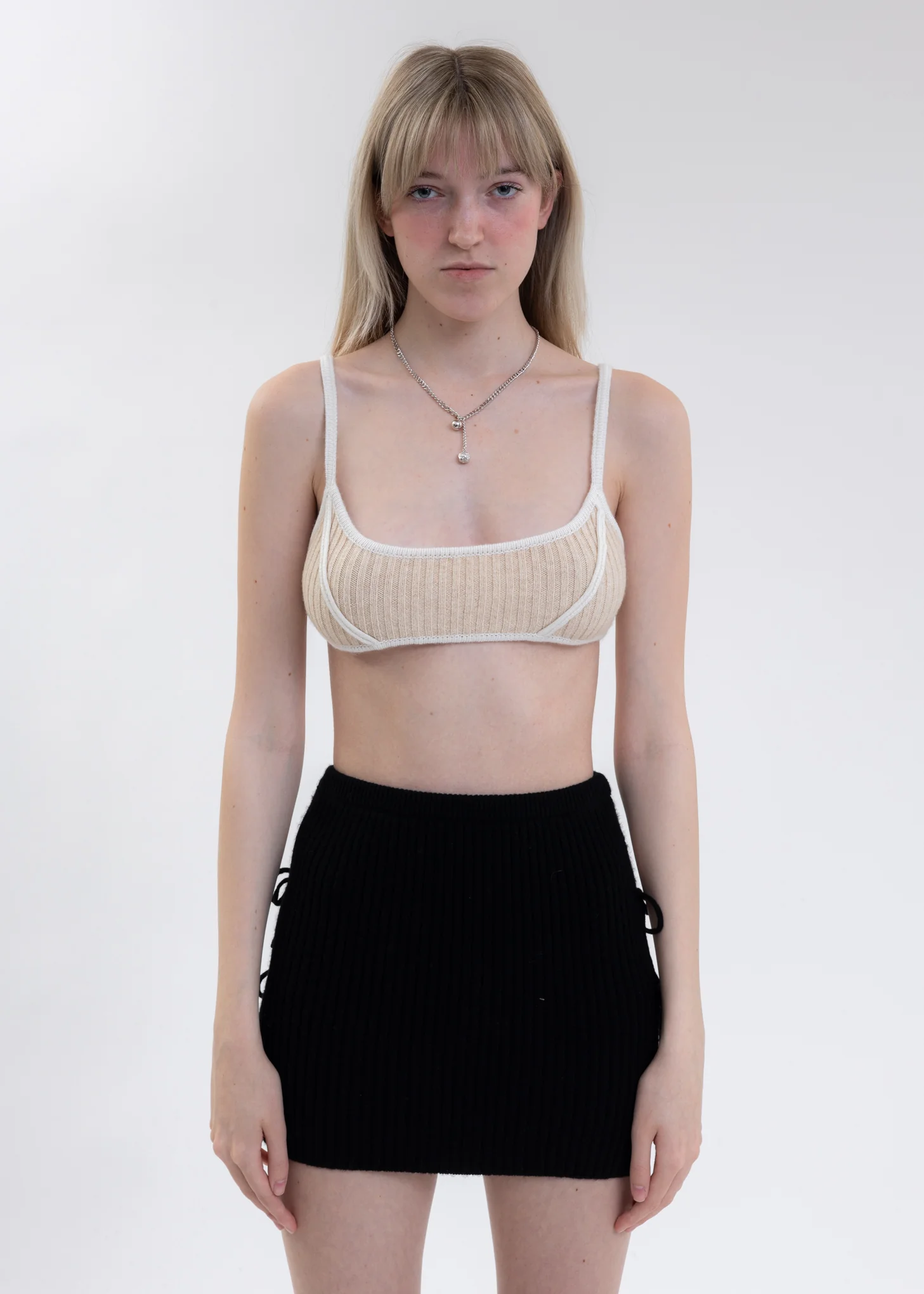 Cream White Rib Knit Exposed Seam Bra