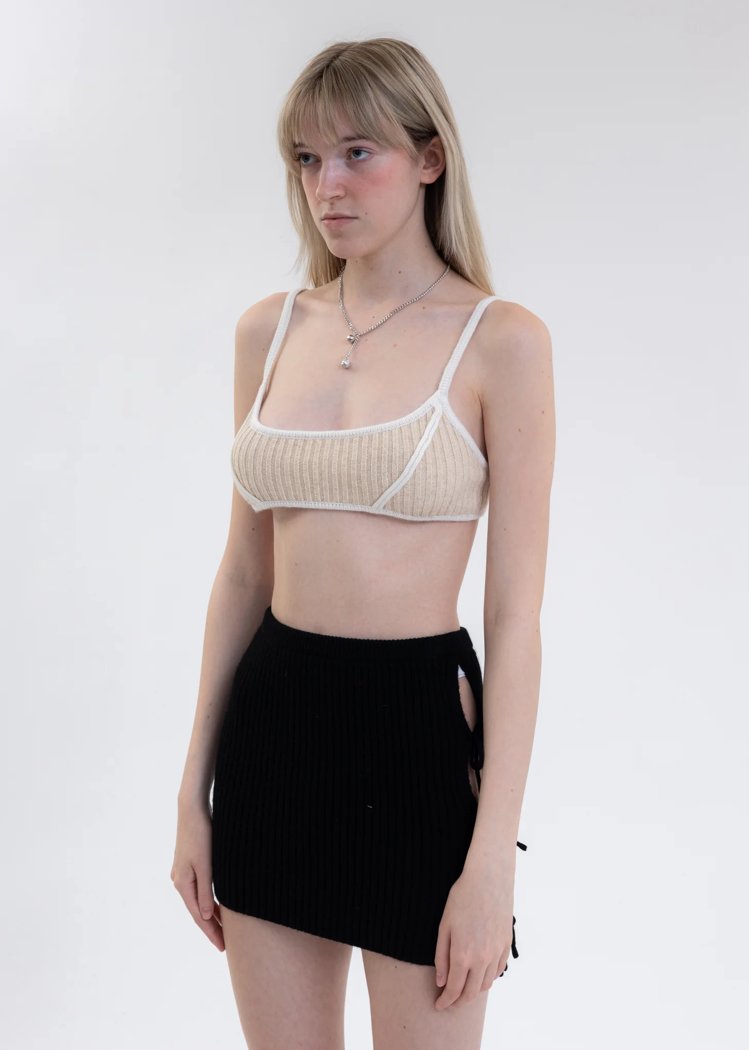 Cream White Rib Knit Exposed Seam Bra - Image 2