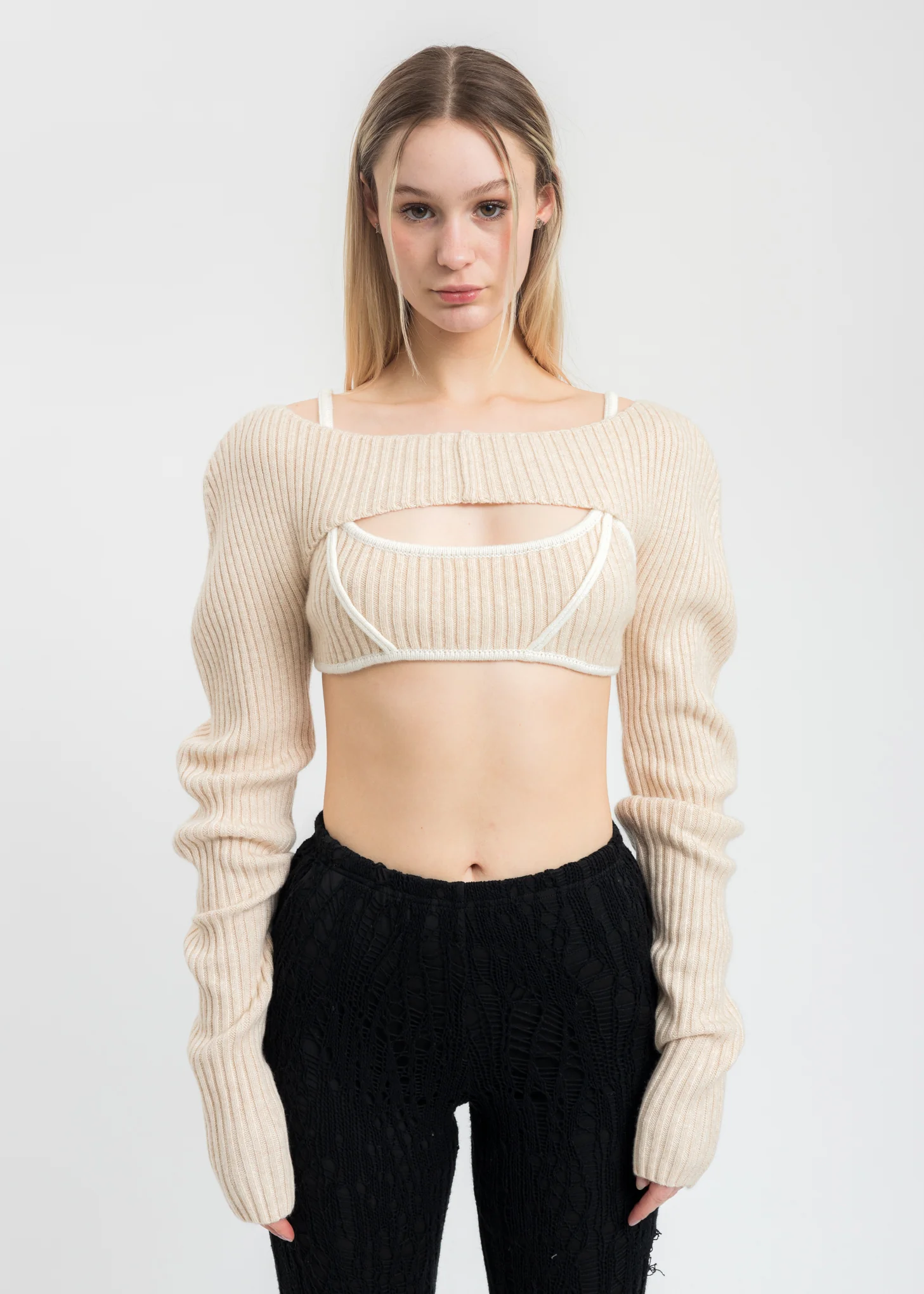 Cream White Rib Knit Shrug Cardigan