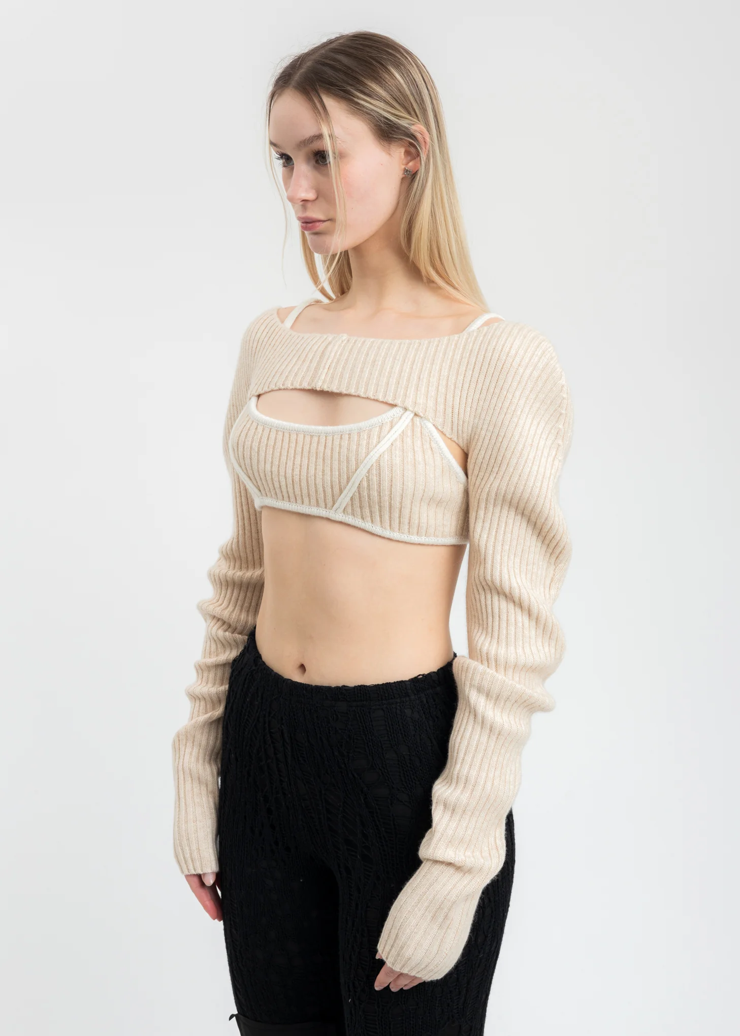 Cream White Rib Knit Shrug Cardigan - Image 3