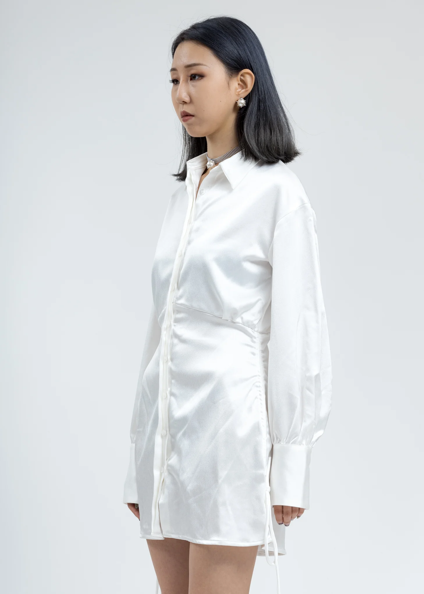 White Ruched Button-Up Dress - Image 3