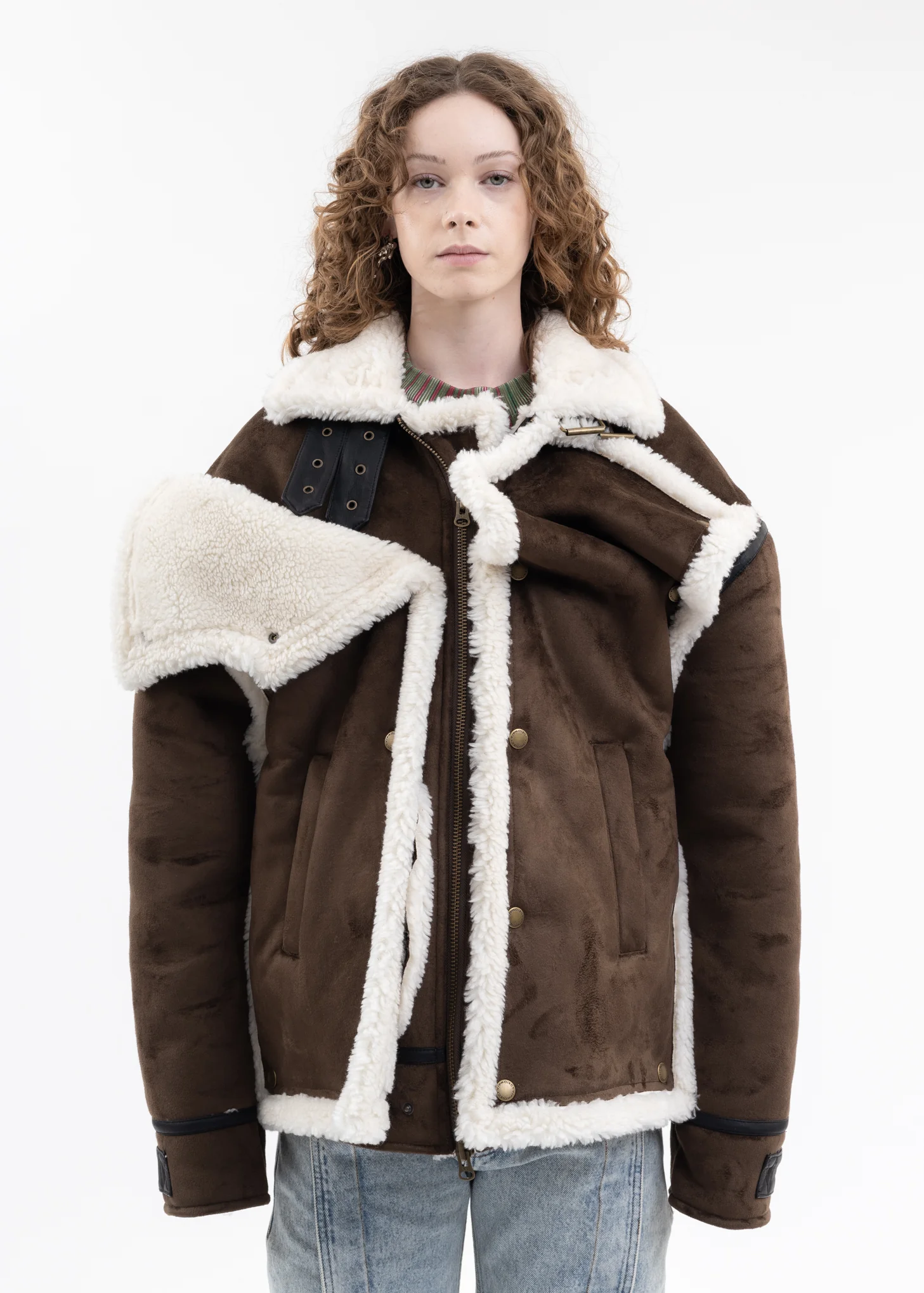 DARK BROWN SNAP PANEL SHEARLING JACKET