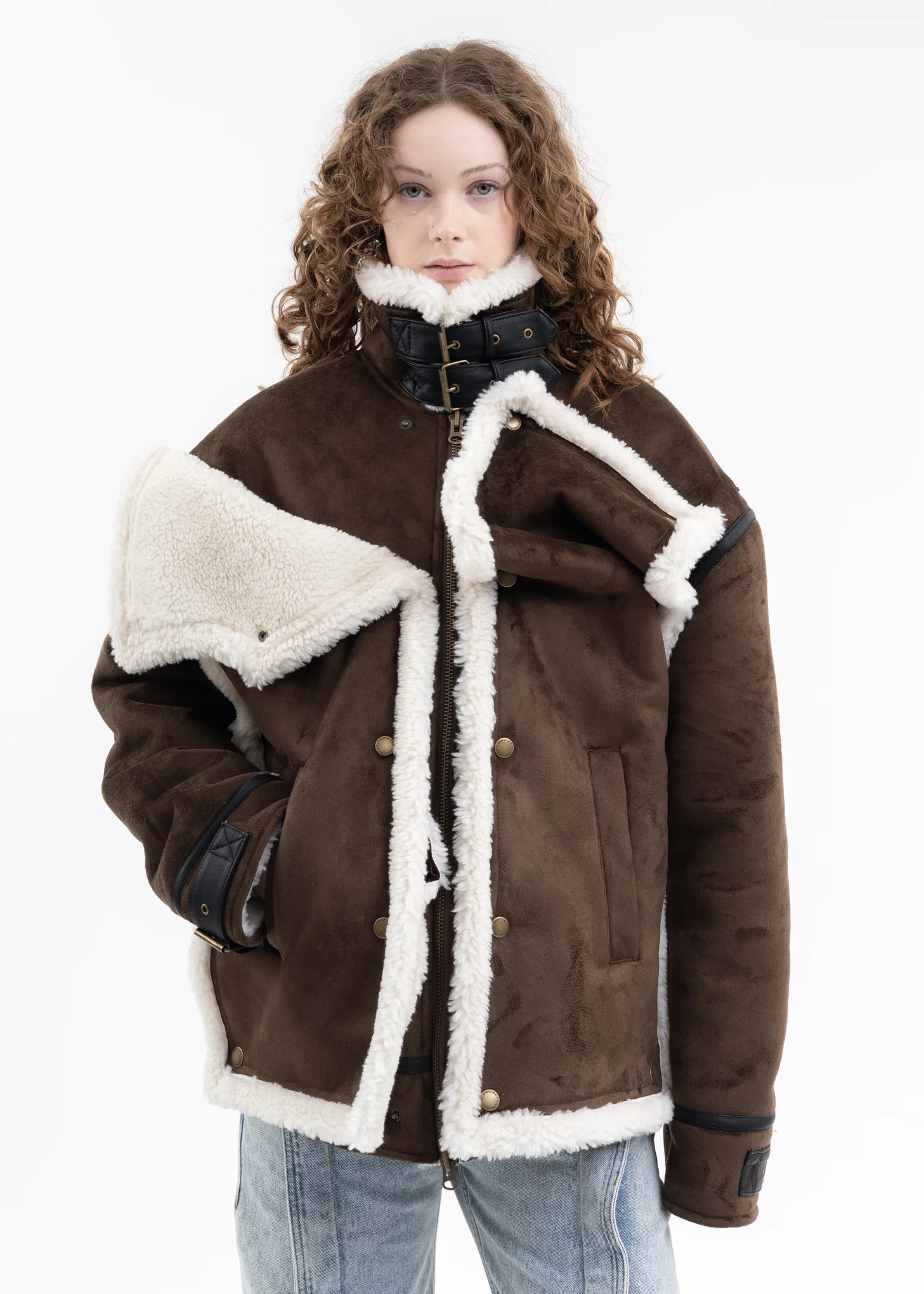 DARK BROWN SNAP PANEL SHEARLING JACKET - Image 2
