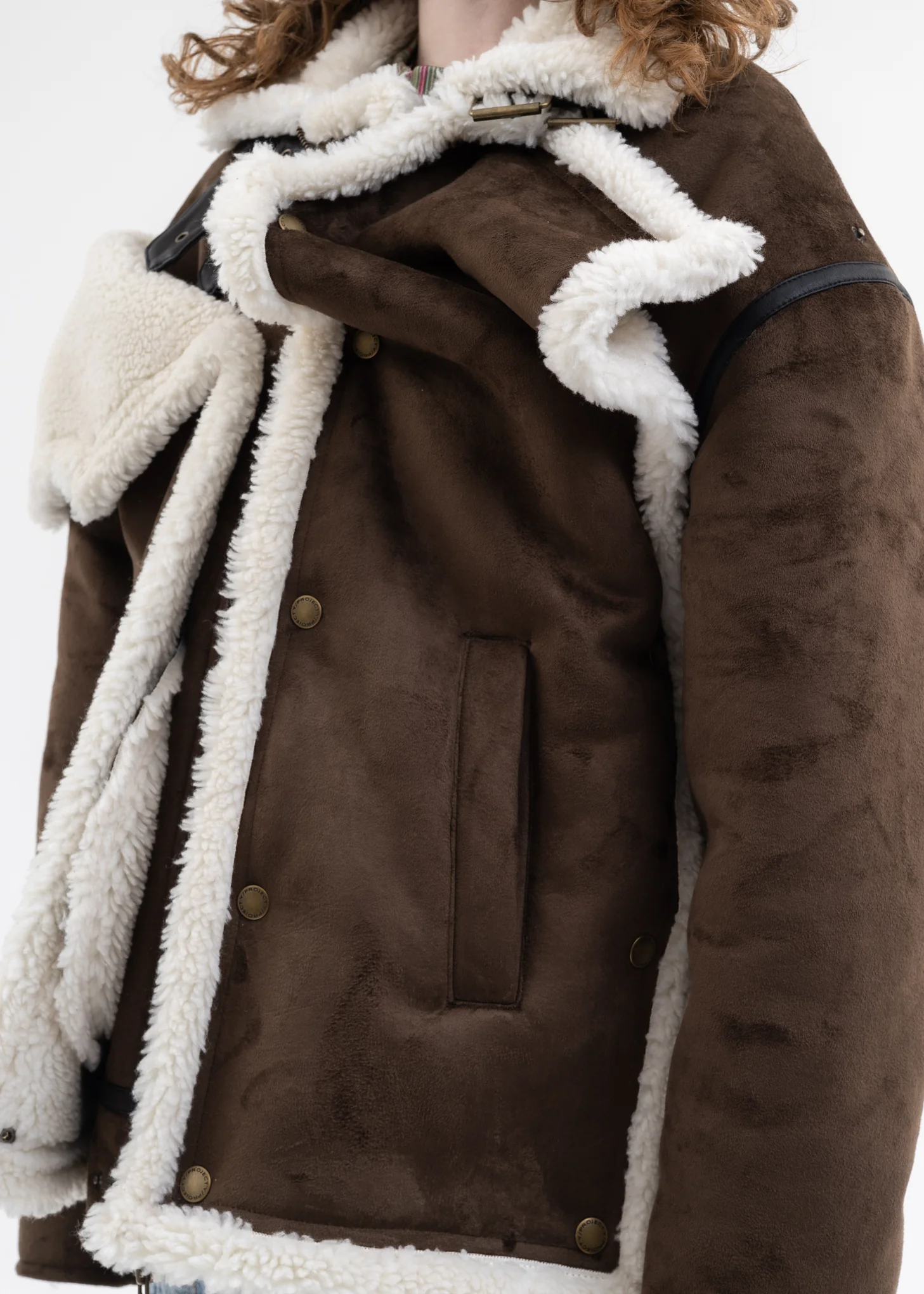 DARK BROWN SNAP PANEL SHEARLING JACKET - Image 3