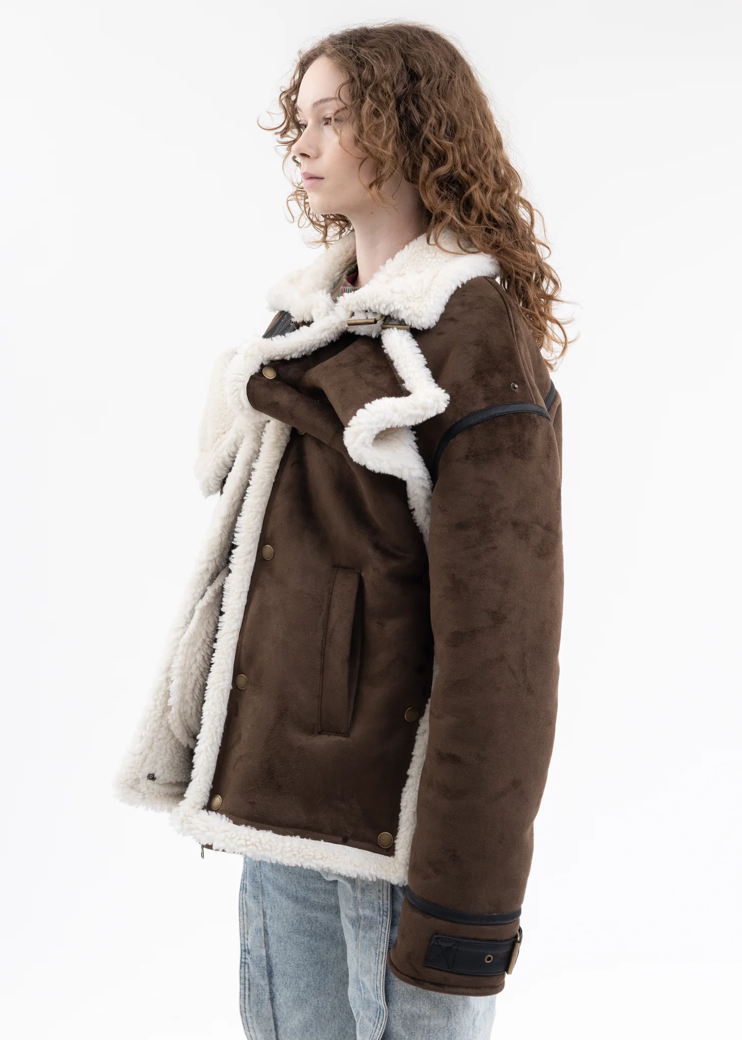 DARK BROWN SNAP PANEL SHEARLING JACKET - Image 4