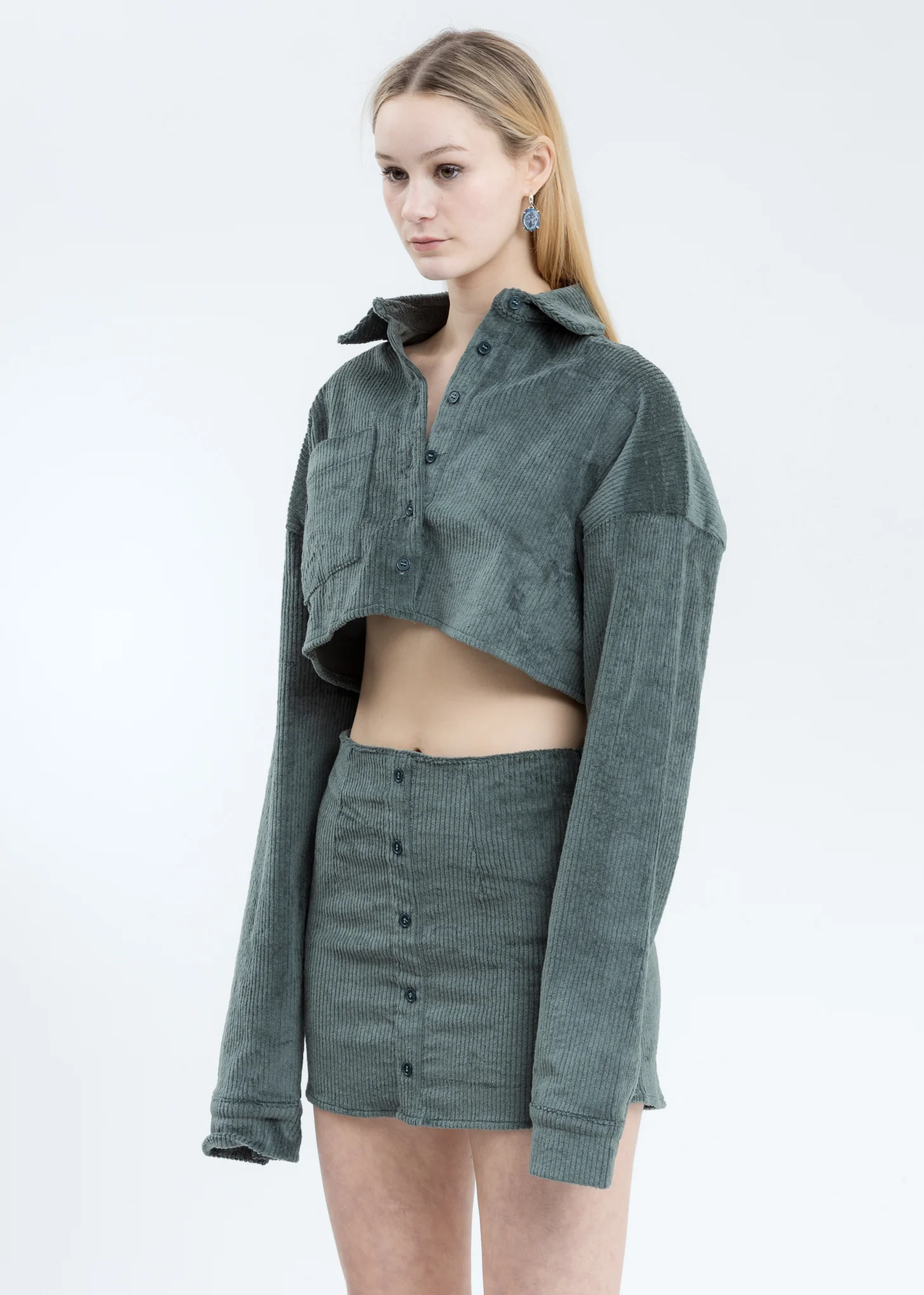 Dark Green Corduroy Button Up Cropped Top - Image 2