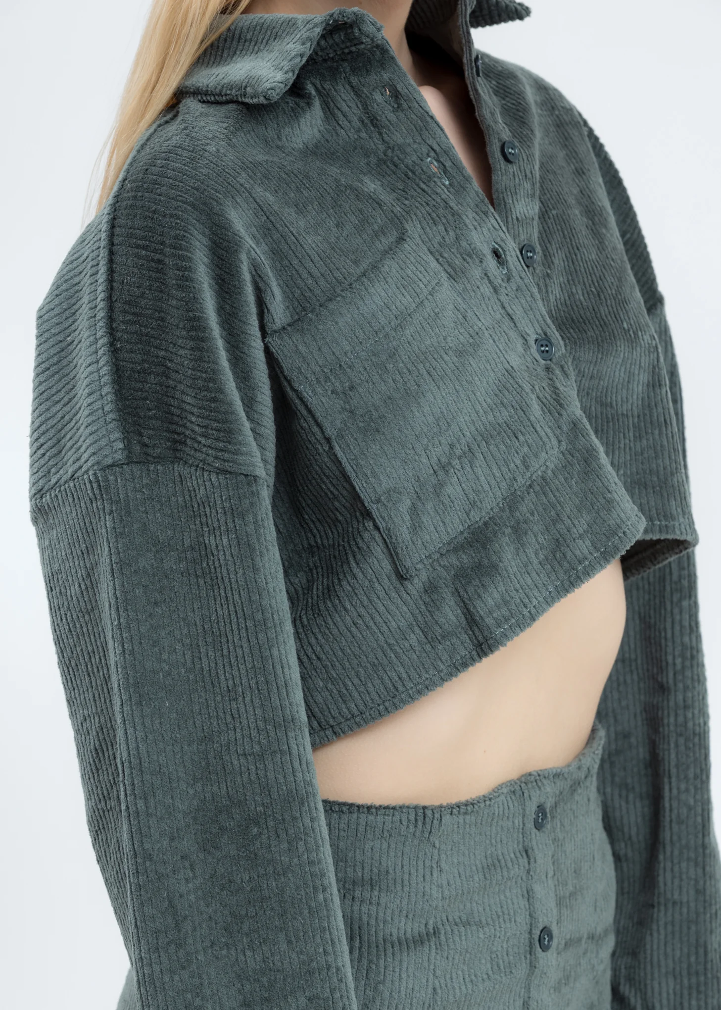 Dark Green Corduroy Button Up Cropped Top - Image 4